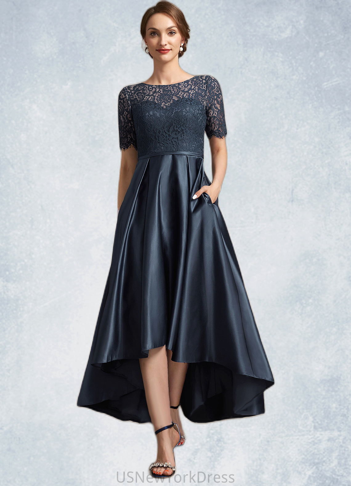 Mackenzie A-Line Scoop Neck Asymmetrical Satin Lace Mother of the Bride Dress DJ126P0014647