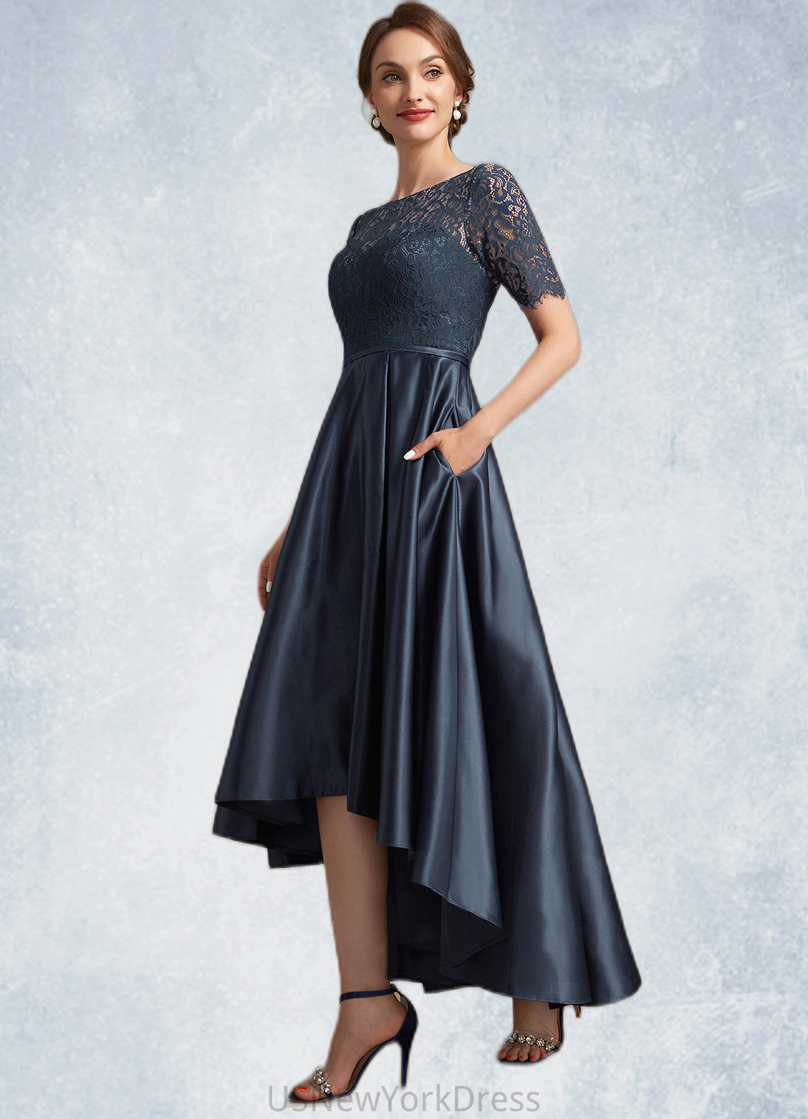 Mackenzie A-Line Scoop Neck Asymmetrical Satin Lace Mother of the Bride Dress DJ126P0014647