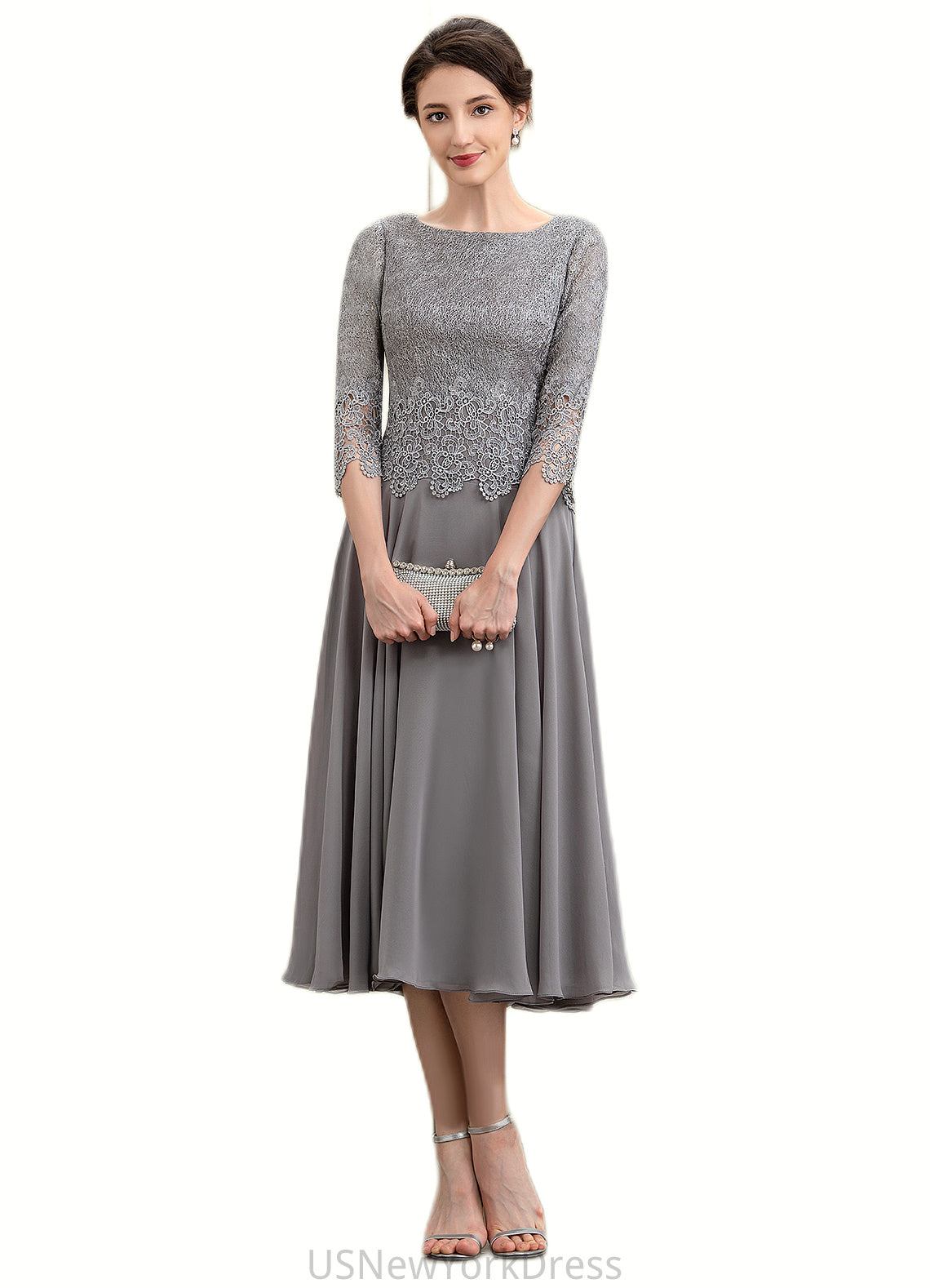 Alison A-Line Scoop Neck Tea-Length Chiffon Lace Mother of the Bride Dress DJ126P0014648