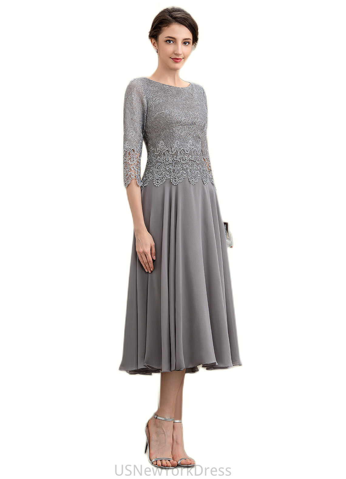 Alison A-Line Scoop Neck Tea-Length Chiffon Lace Mother of the Bride Dress DJ126P0014648