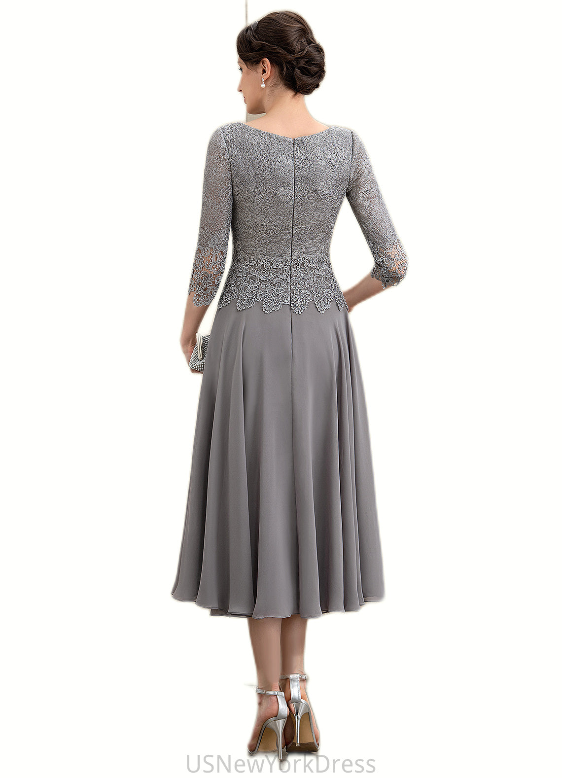 Alison A-Line Scoop Neck Tea-Length Chiffon Lace Mother of the Bride Dress DJ126P0014648