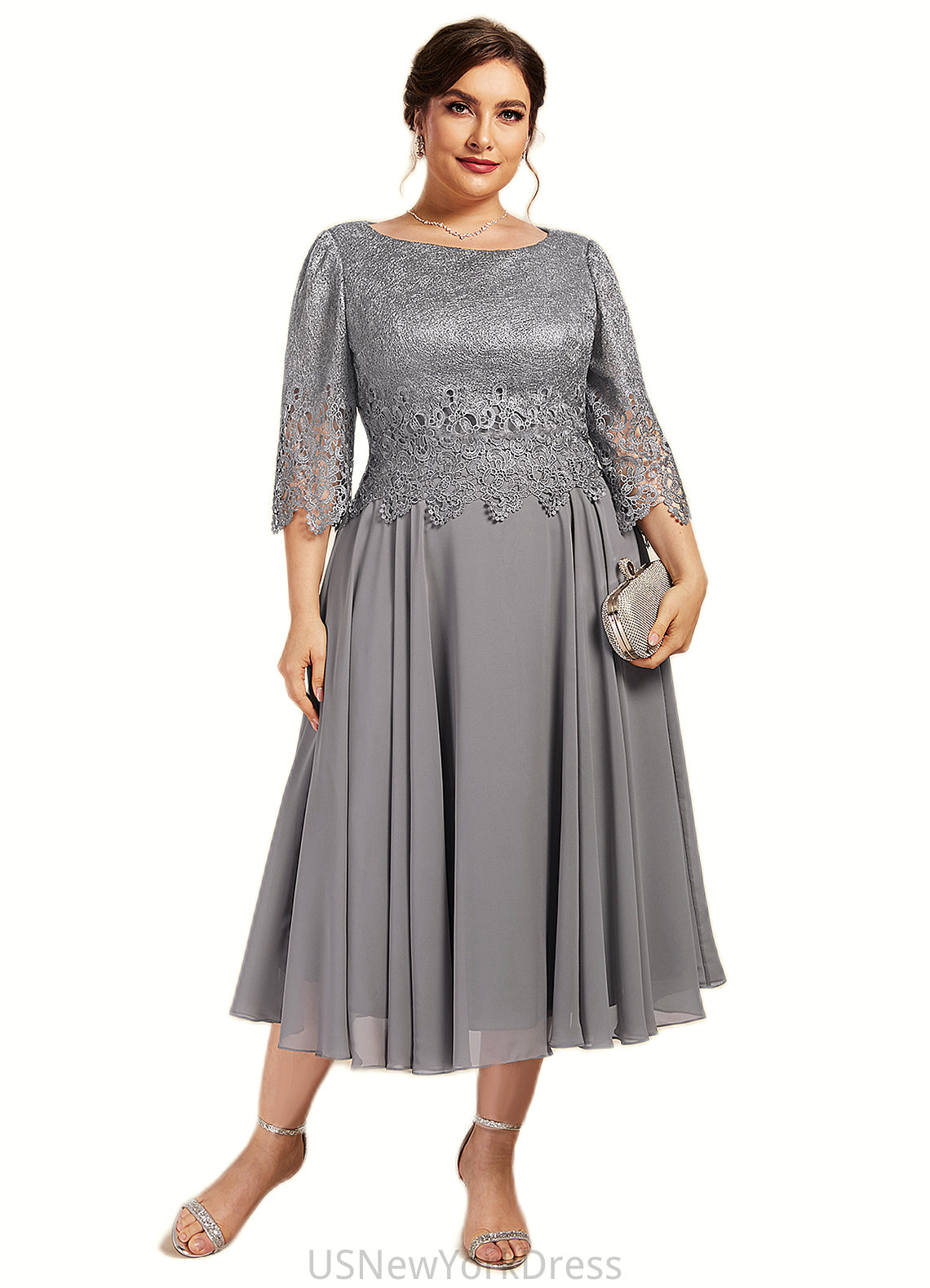 Alison A-Line Scoop Neck Tea-Length Chiffon Lace Mother of the Bride Dress DJ126P0014648