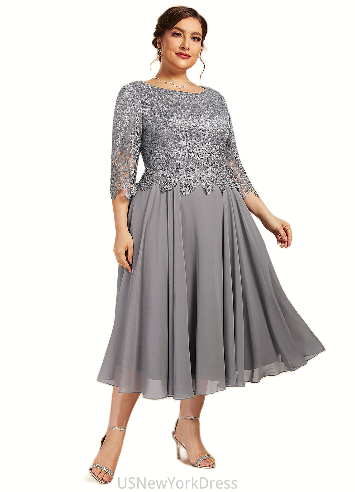 Alison A-Line Scoop Neck Tea-Length Chiffon Lace Mother of the Bride Dress DJ126P0014648