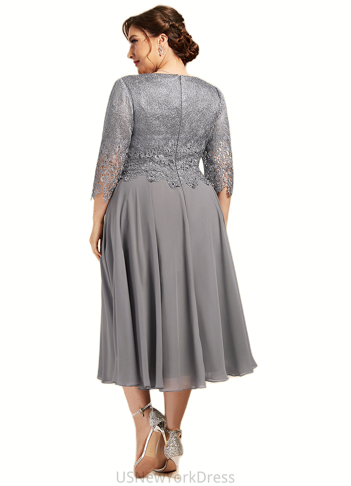 Alison A-Line Scoop Neck Tea-Length Chiffon Lace Mother of the Bride Dress DJ126P0014648