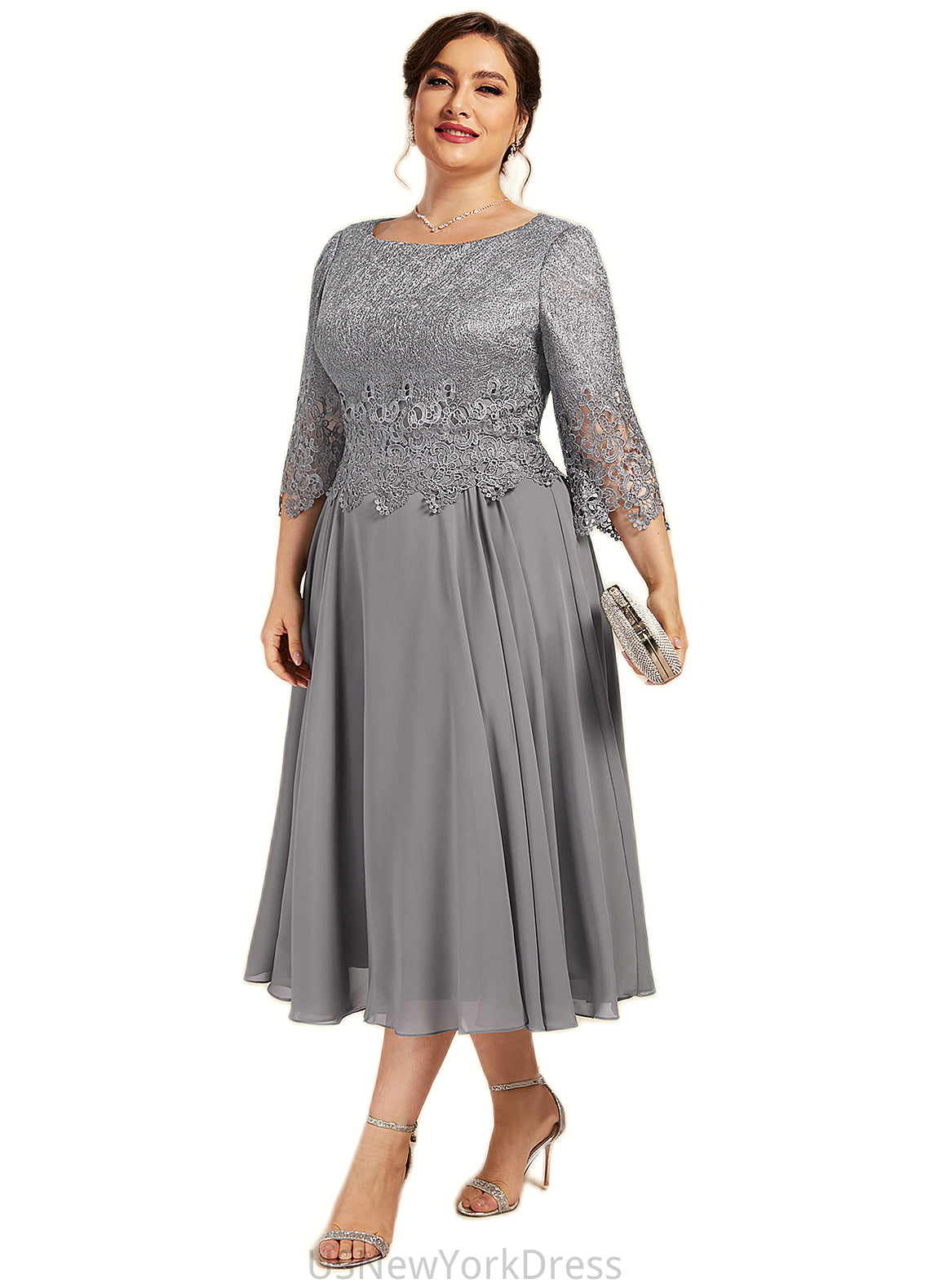 Alison A-Line Scoop Neck Tea-Length Chiffon Lace Mother of the Bride Dress DJ126P0014648