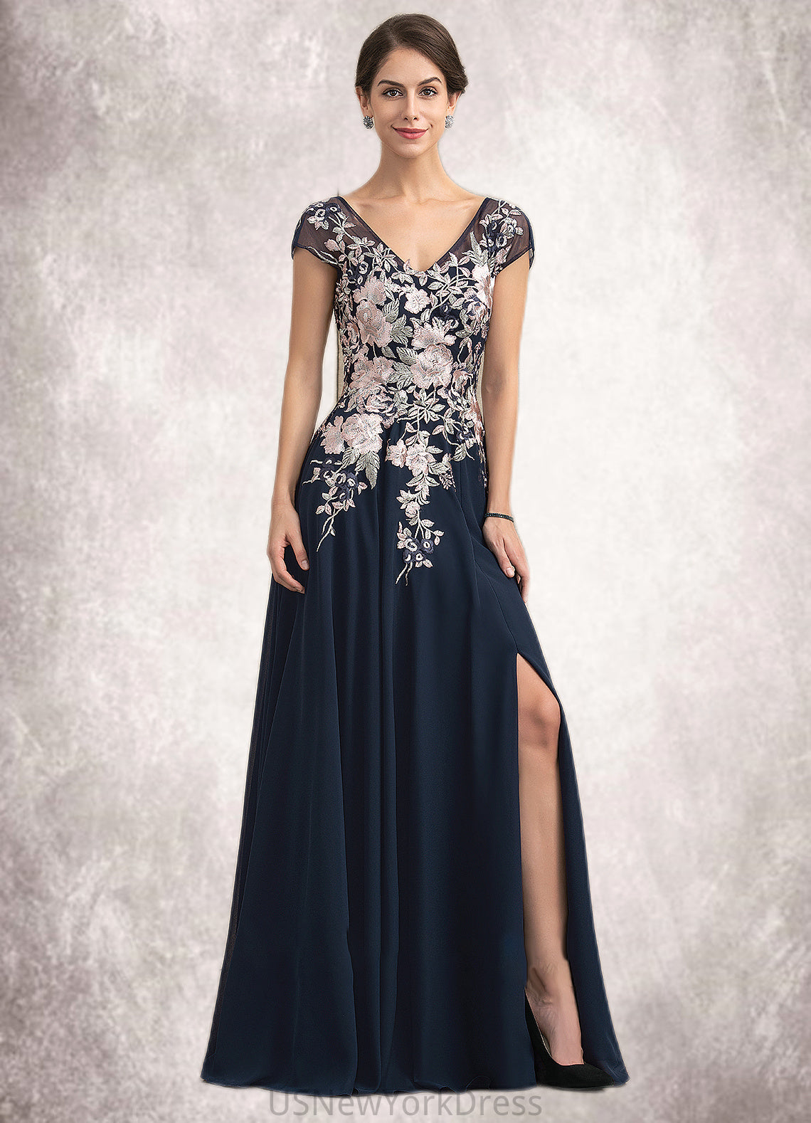 Gabriela A-Line V-neck Floor-Length Chiffon Lace Mother of the Bride Dress With Split Front DJ126P0014649