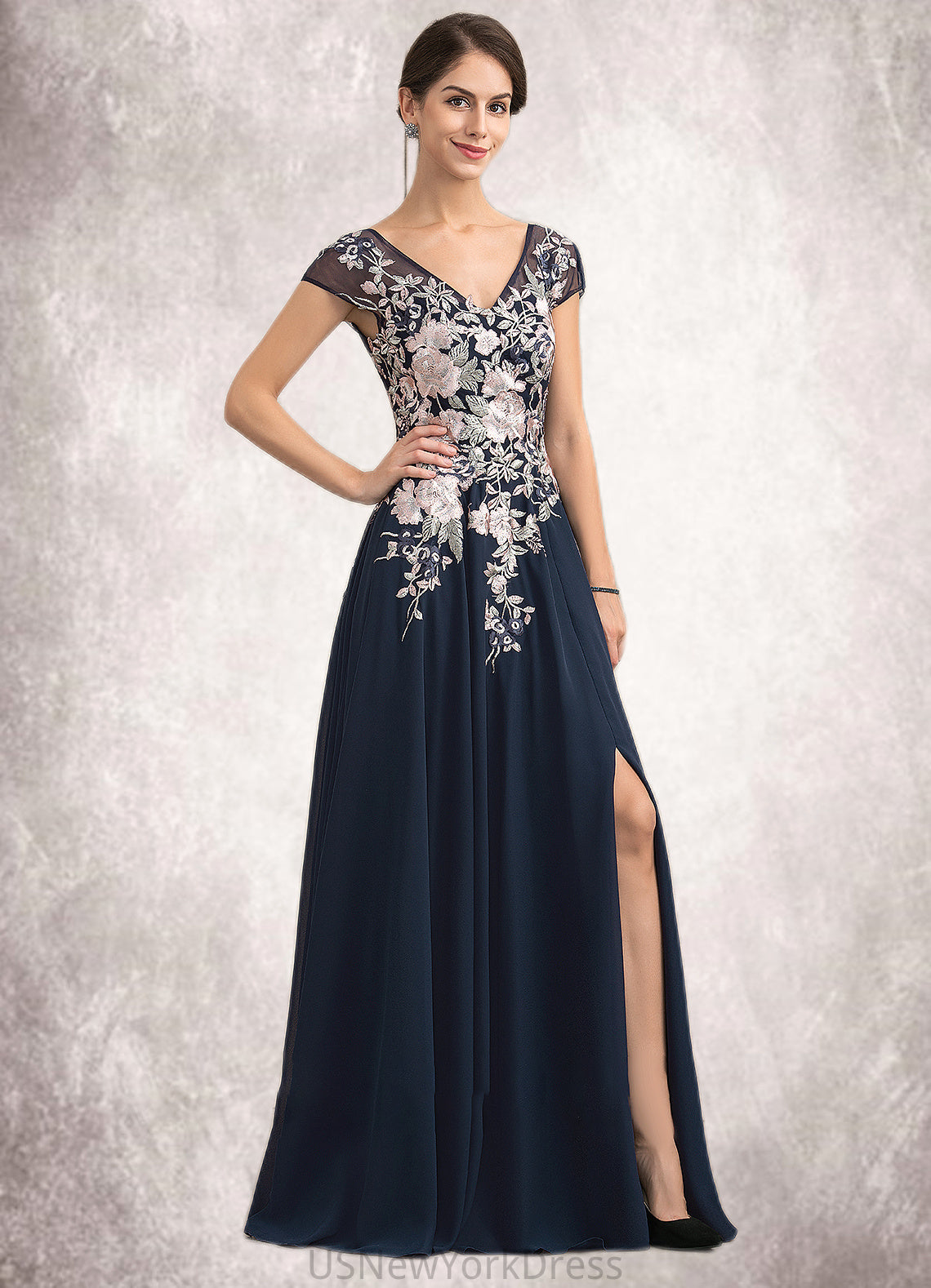 Gabriela A-Line V-neck Floor-Length Chiffon Lace Mother of the Bride Dress With Split Front DJ126P0014649