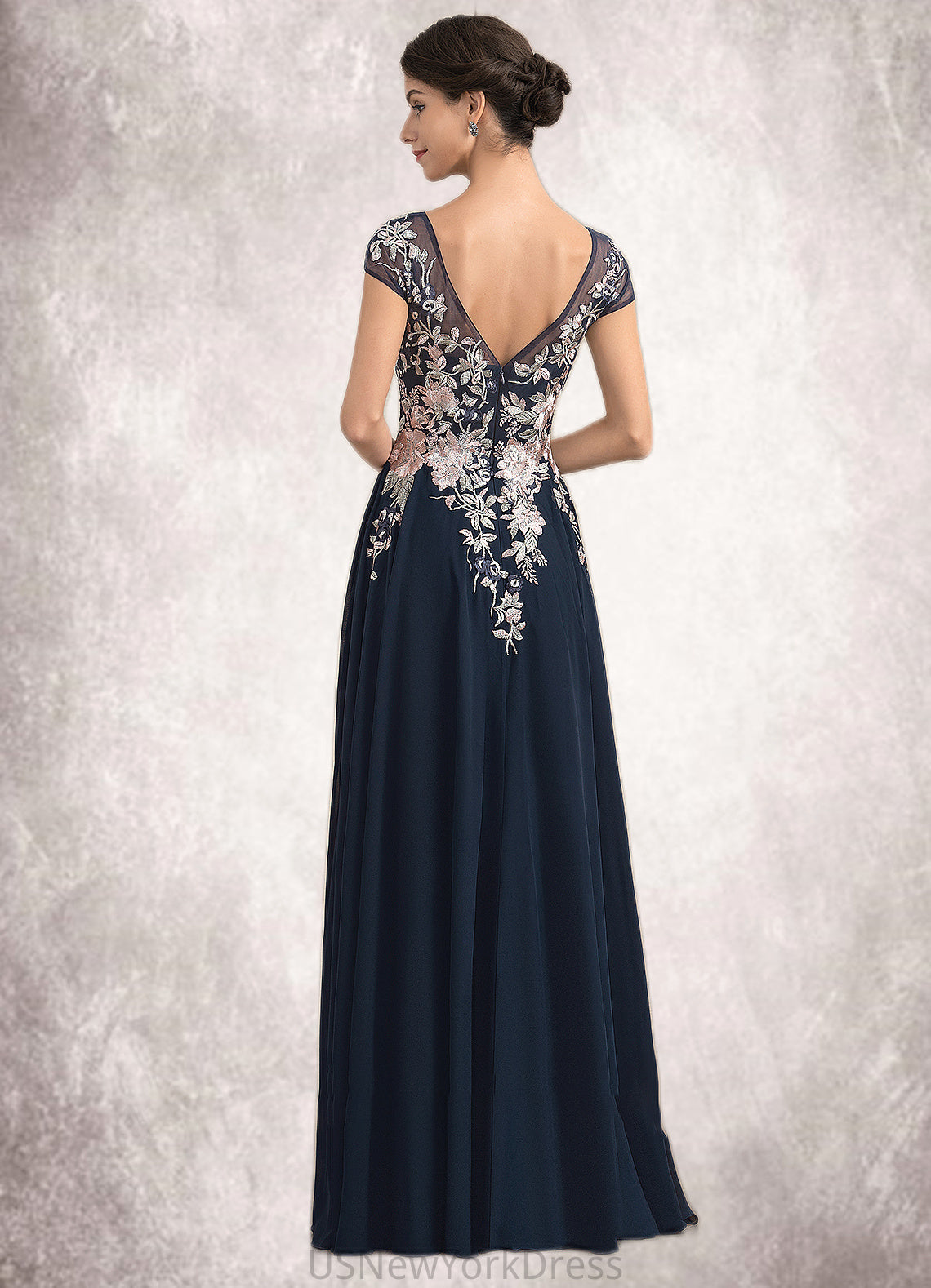 Gabriela A-Line V-neck Floor-Length Chiffon Lace Mother of the Bride Dress With Split Front DJ126P0014649