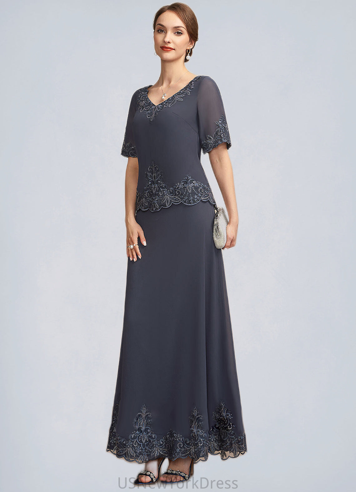 Lacey A-Line V-neck Ankle-Length Chiffon Lace Mother of the Bride Dress With Sequins DJ126P0014650