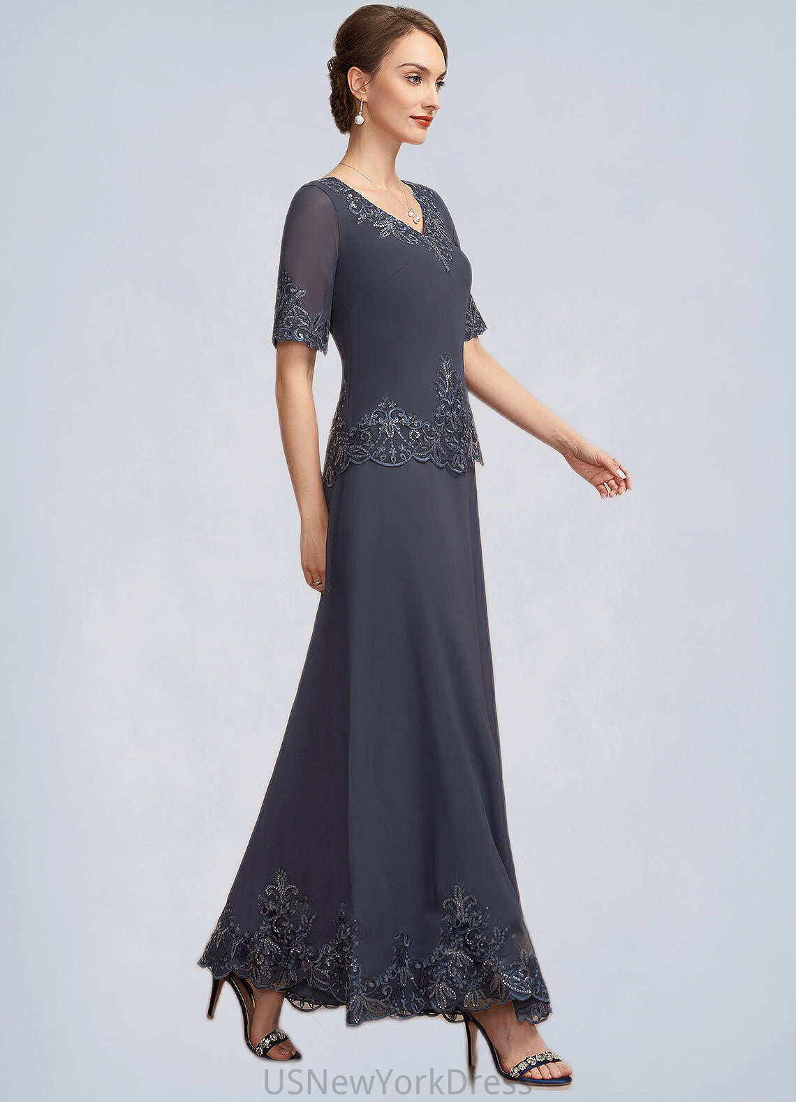 Lacey A-Line V-neck Ankle-Length Chiffon Lace Mother of the Bride Dress With Sequins DJ126P0014650