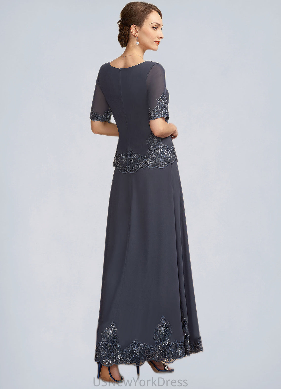 Lacey A-Line V-neck Ankle-Length Chiffon Lace Mother of the Bride Dress With Sequins DJ126P0014650