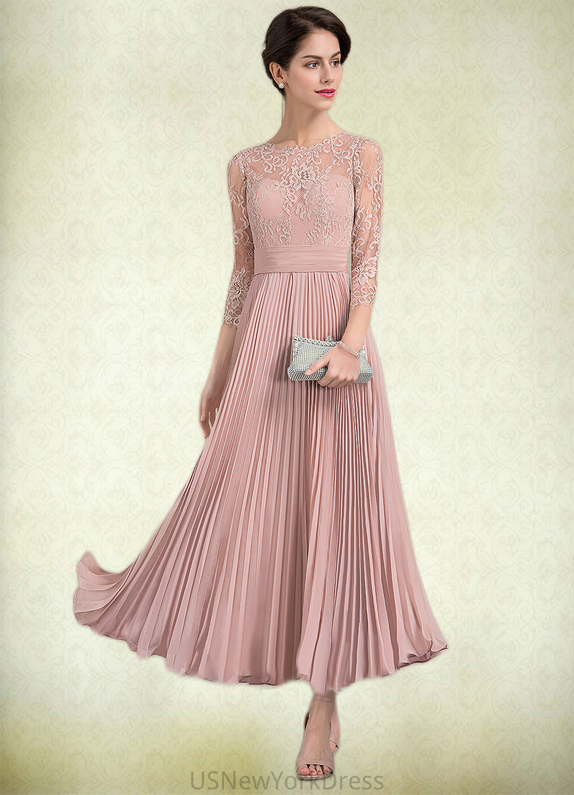 Angelina A-Line Scoop Neck Ankle-Length Chiffon Lace Mother of the Bride Dress With Pleated DJ126P0014651