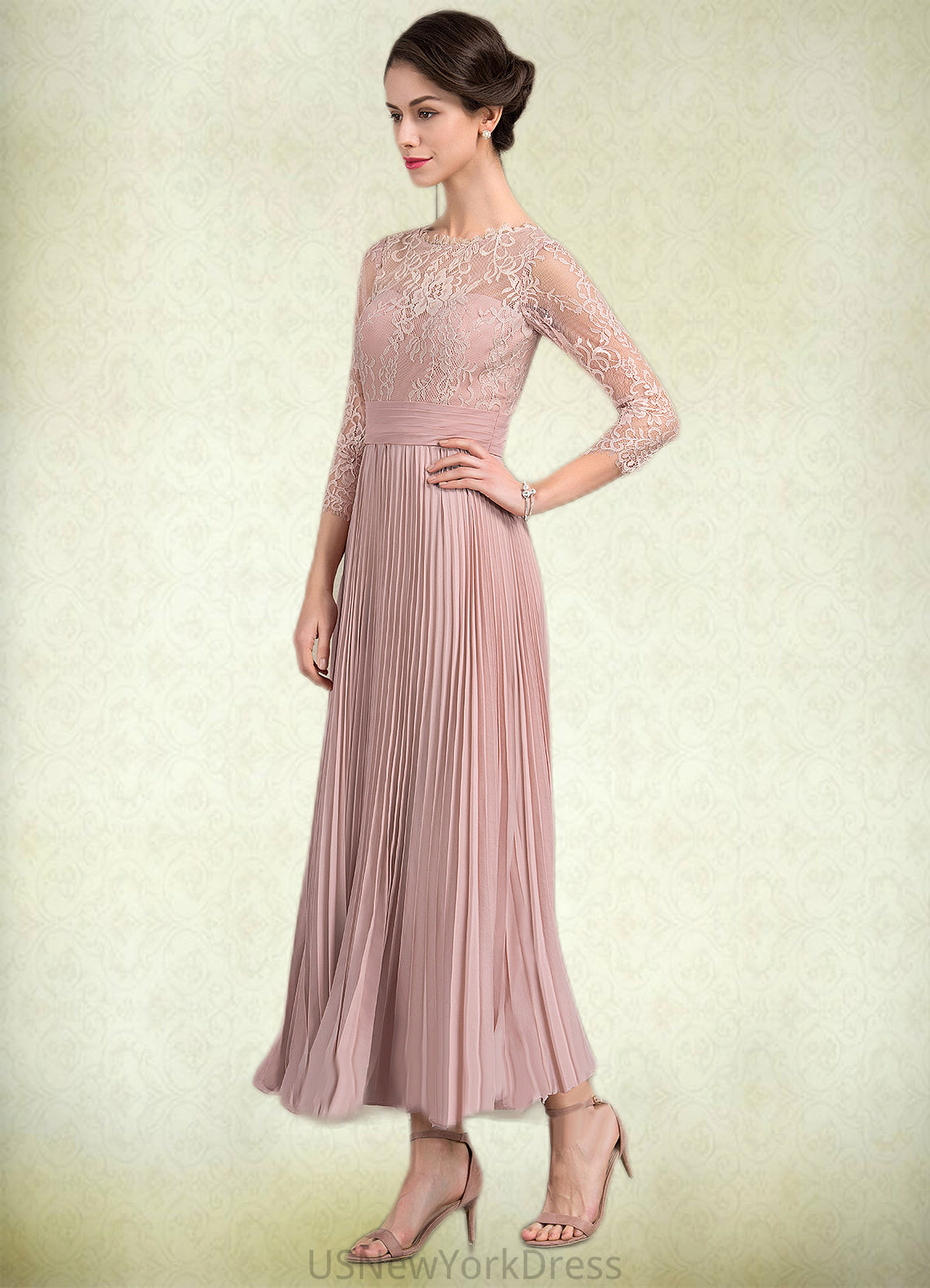 Angelina A-Line Scoop Neck Ankle-Length Chiffon Lace Mother of the Bride Dress With Pleated DJ126P0014651