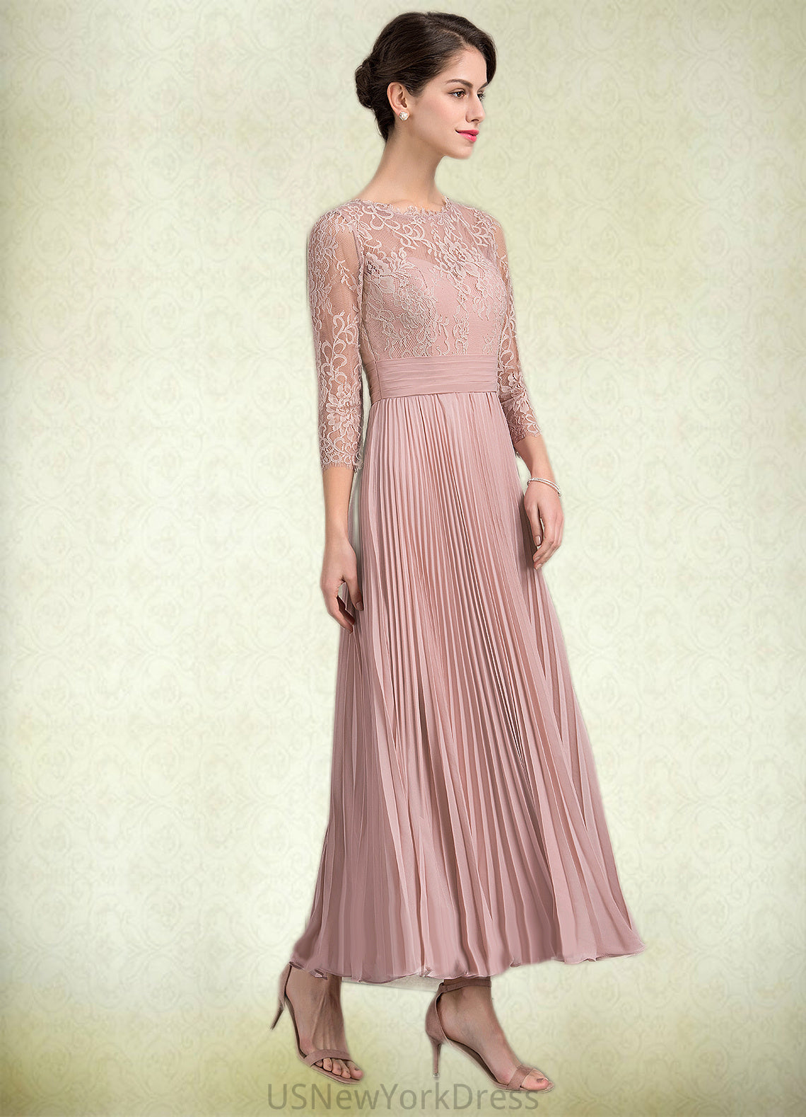 Angelina A-Line Scoop Neck Ankle-Length Chiffon Lace Mother of the Bride Dress With Pleated DJ126P0014651