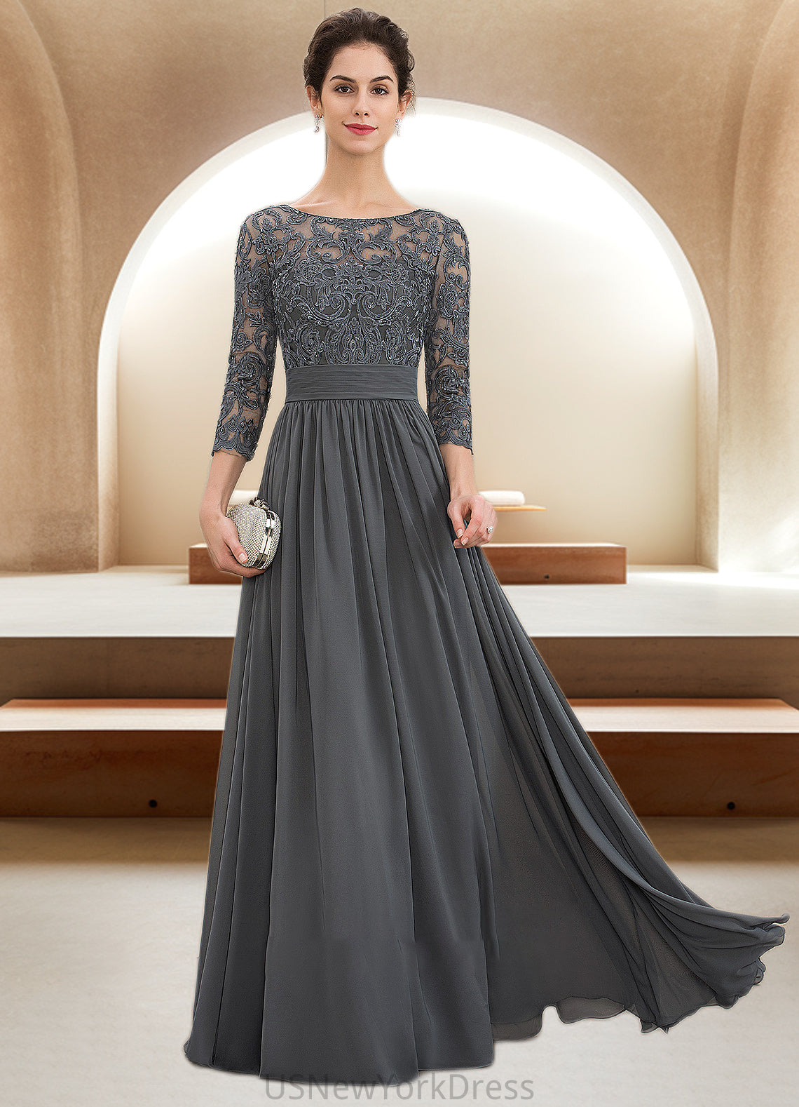 Esperanza A-Line Scoop Neck Floor-Length Chiffon Lace Mother of the Bride Dress With Ruffle Beading Sequins DJ126P0014652