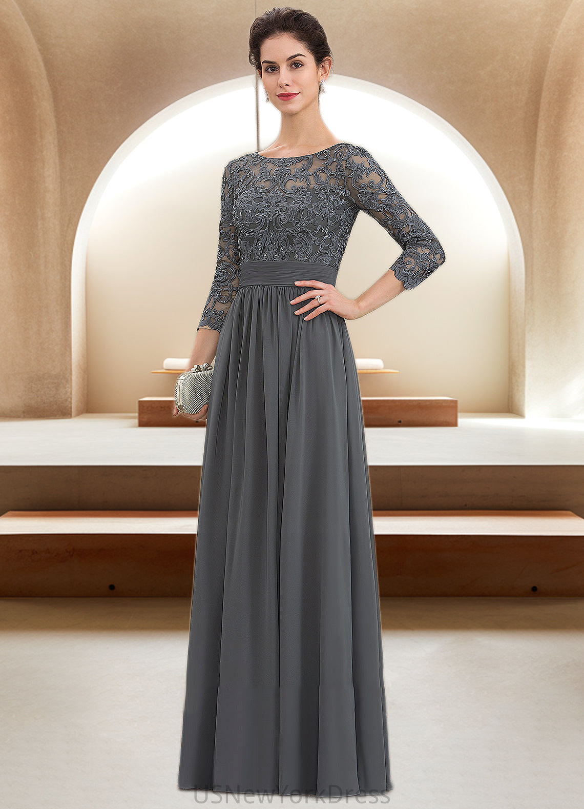 Esperanza A-Line Scoop Neck Floor-Length Chiffon Lace Mother of the Bride Dress With Ruffle Beading Sequins DJ126P0014652