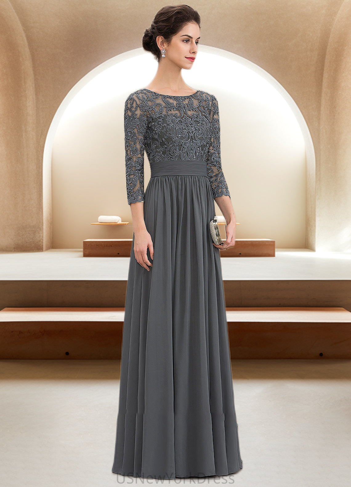 Esperanza A-Line Scoop Neck Floor-Length Chiffon Lace Mother of the Bride Dress With Ruffle Beading Sequins DJ126P0014652