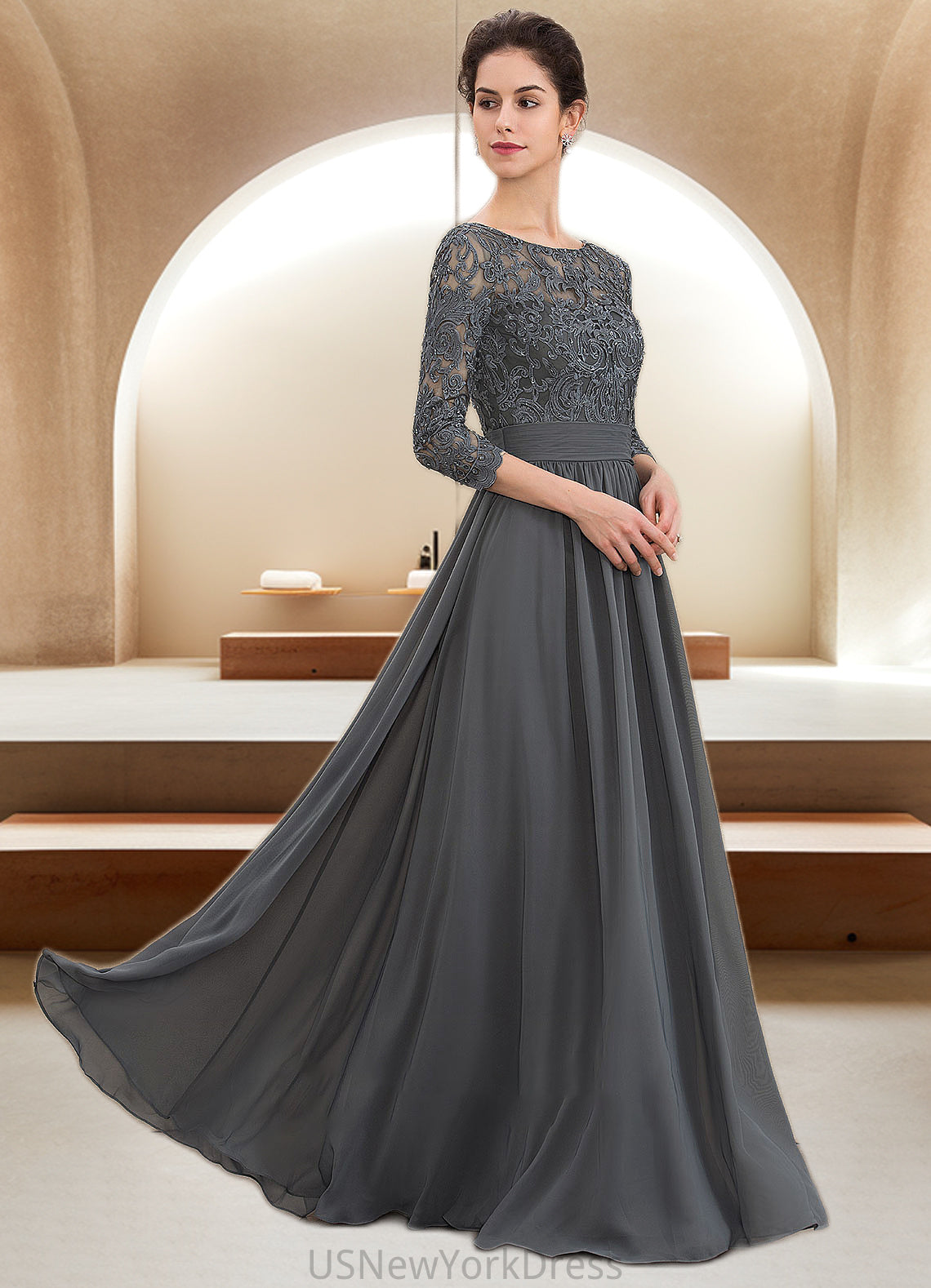 Esperanza A-Line Scoop Neck Floor-Length Chiffon Lace Mother of the Bride Dress With Ruffle Beading Sequins DJ126P0014652