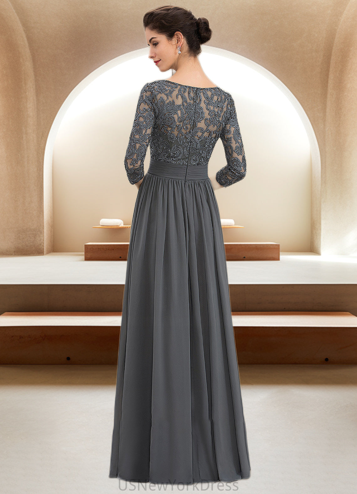 Esperanza A-Line Scoop Neck Floor-Length Chiffon Lace Mother of the Bride Dress With Ruffle Beading Sequins DJ126P0014652