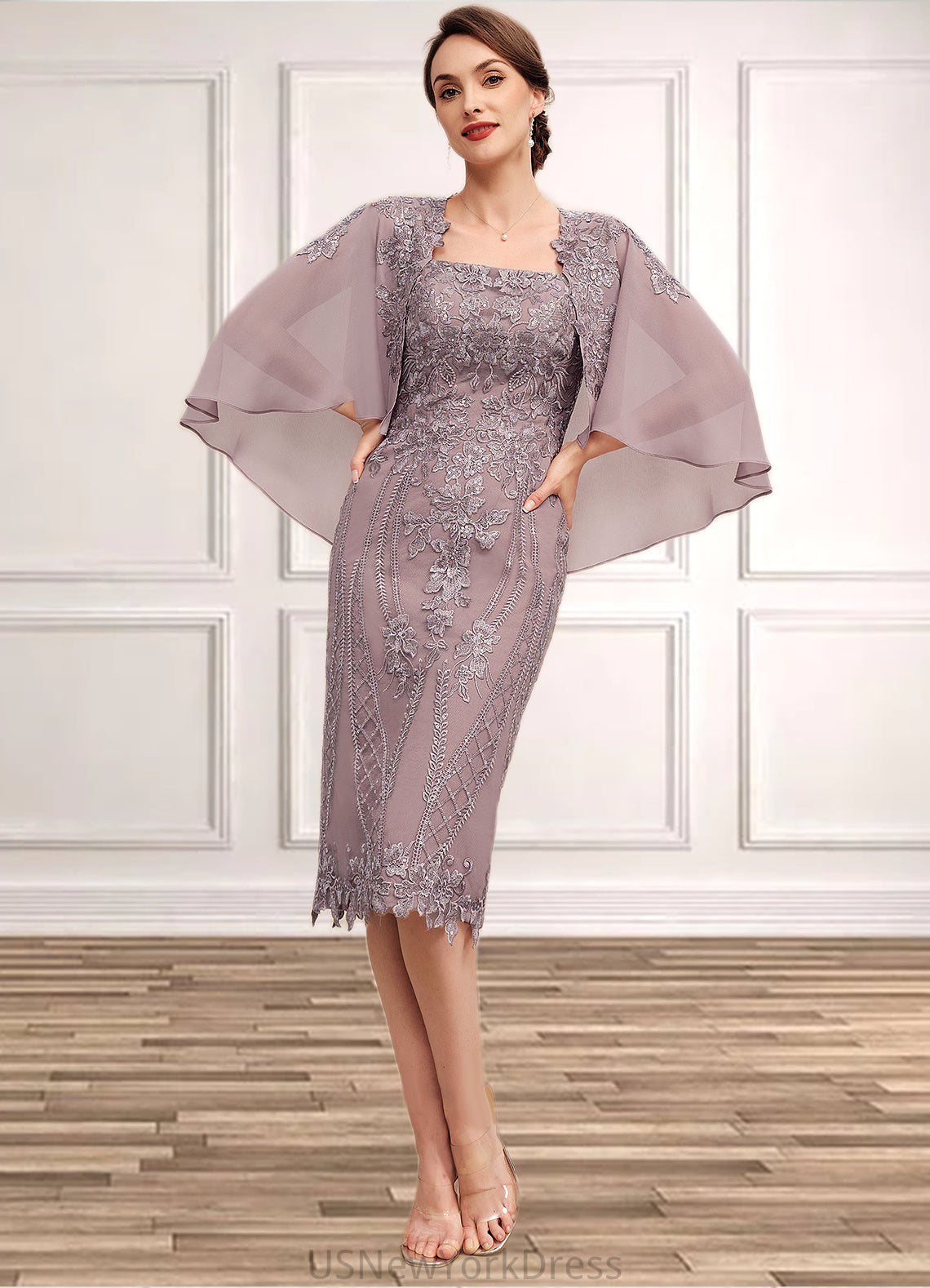 Abby Sheath/Column Square Neckline Knee-Length Chiffon Lace Mother of the Bride Dress With Sequins DJ126P0014653