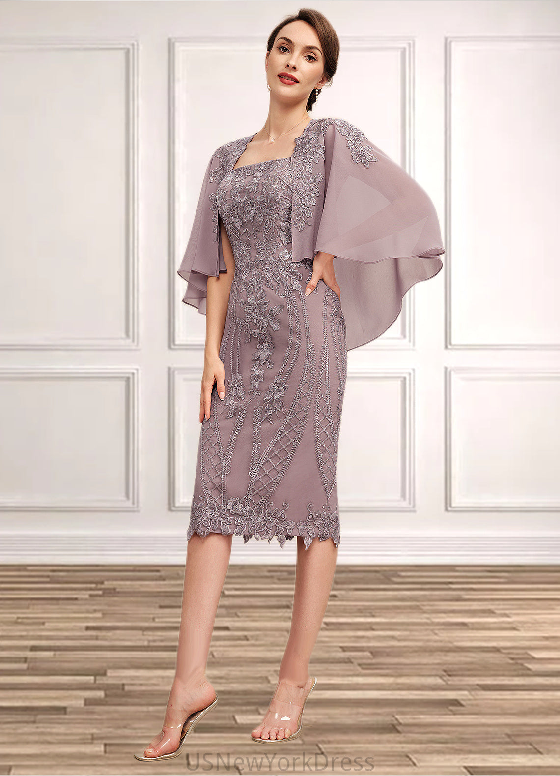 Abby Sheath/Column Square Neckline Knee-Length Chiffon Lace Mother of the Bride Dress With Sequins DJ126P0014653