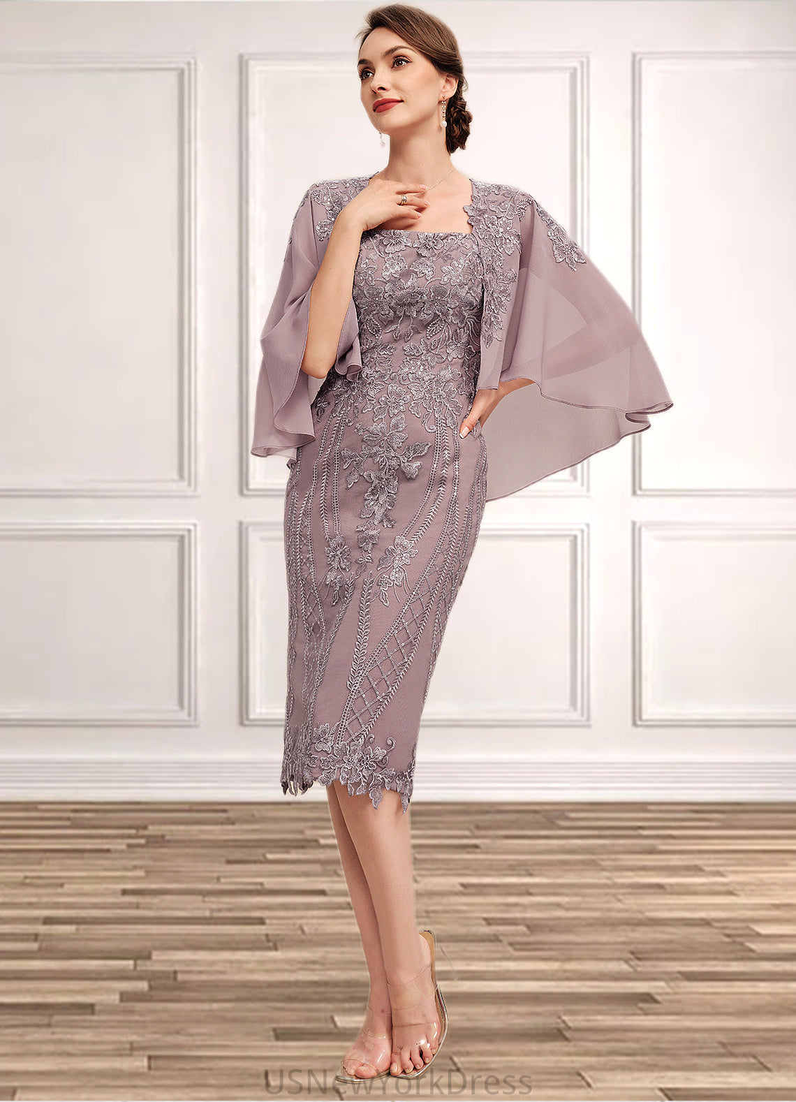 Abby Sheath/Column Square Neckline Knee-Length Chiffon Lace Mother of the Bride Dress With Sequins DJ126P0014653