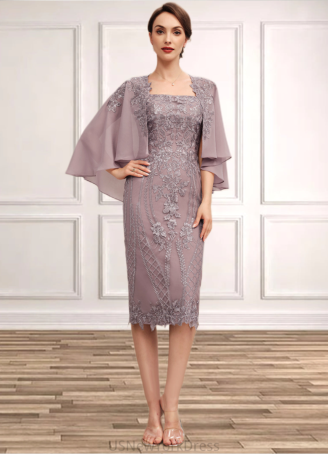 Abby Sheath/Column Square Neckline Knee-Length Chiffon Lace Mother of the Bride Dress With Sequins DJ126P0014653