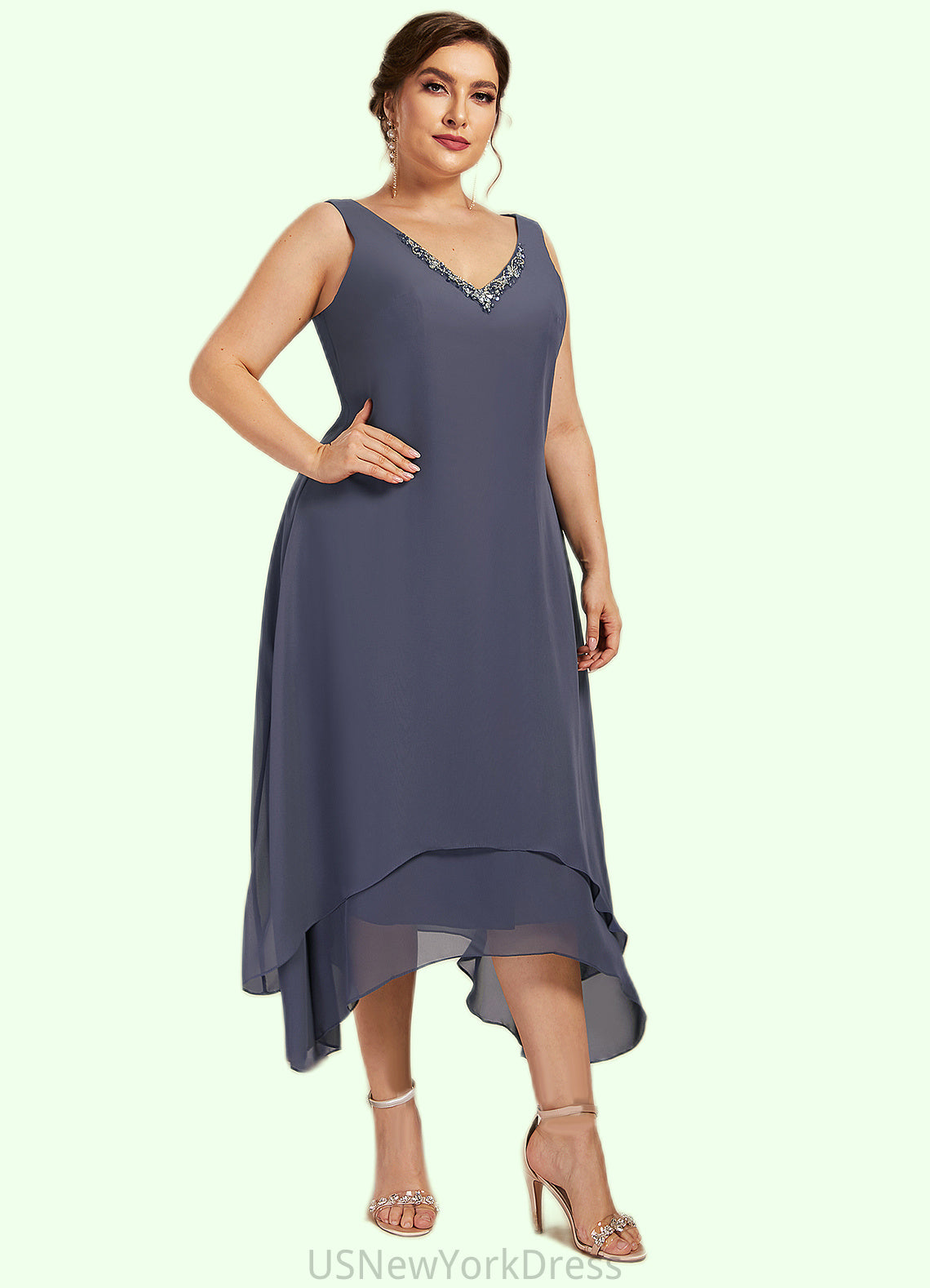 Alyson A-line V-Neck Ankle-Length Chiffon Mother of the Bride Dress With Beading DJ126P0014655