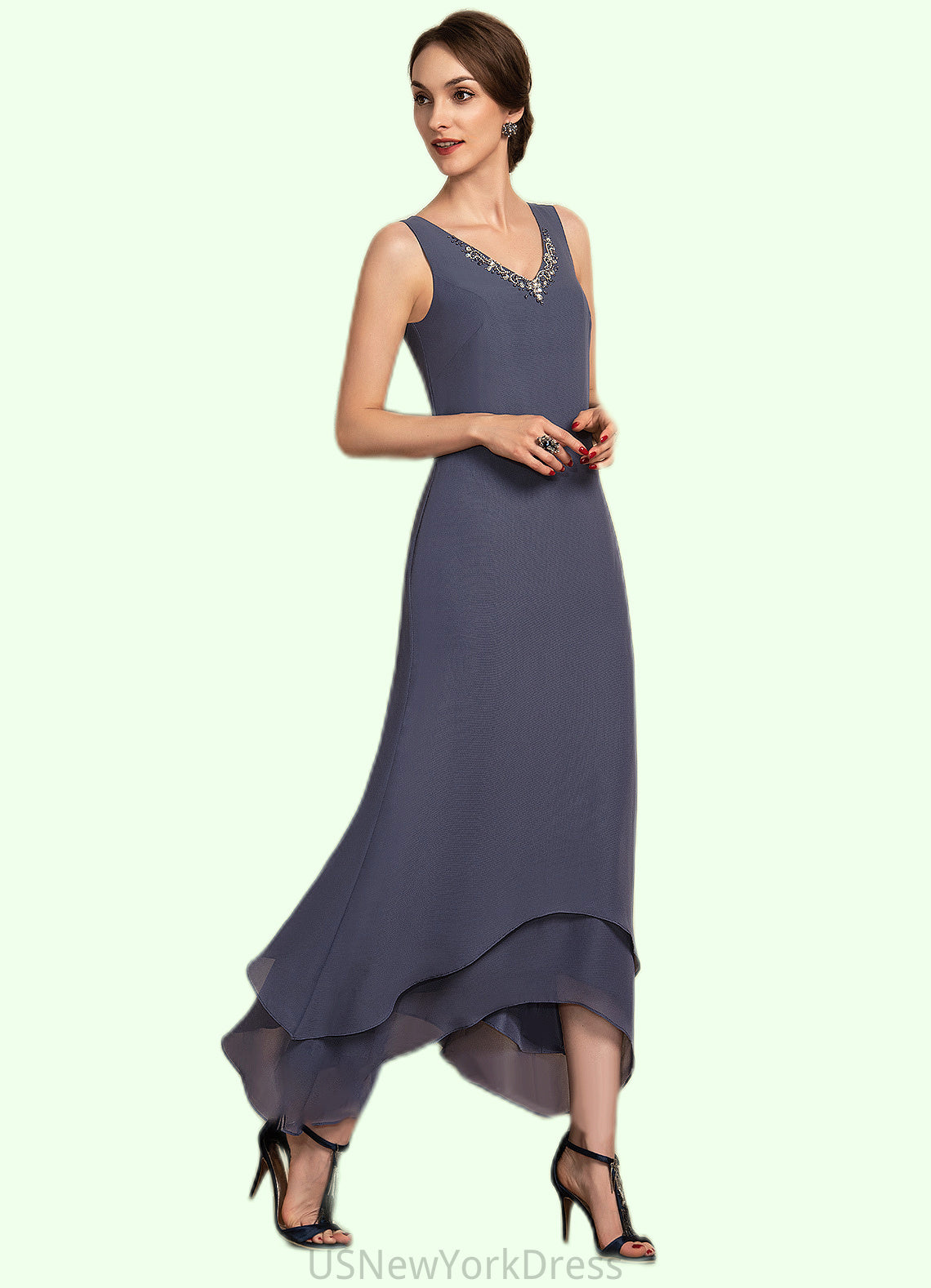 Alyson A-line V-Neck Ankle-Length Chiffon Mother of the Bride Dress With Beading DJ126P0014655