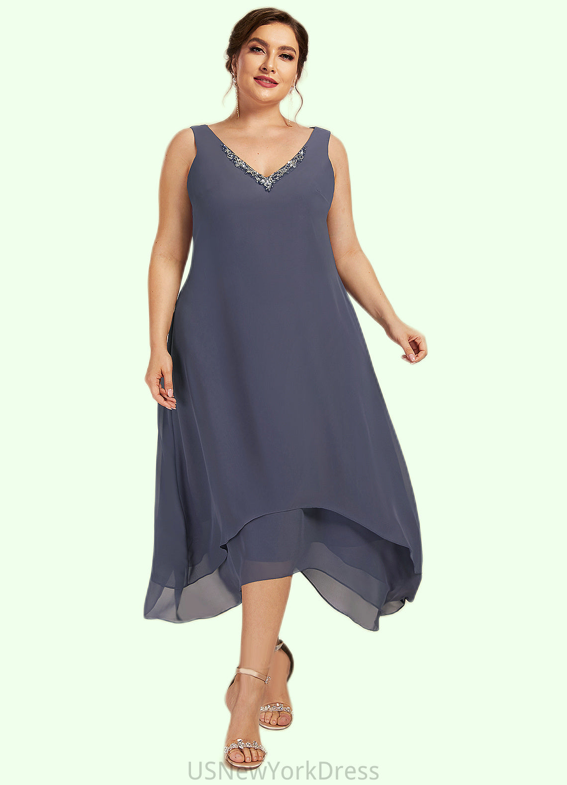 Alyson A-line V-Neck Ankle-Length Chiffon Mother of the Bride Dress With Beading DJ126P0014655