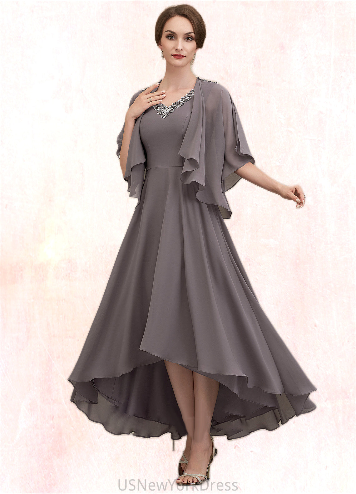 Elizabeth A-line V-Neck Asymmetrical Chiffon Mother of the Bride Dress With Beading Sequins DJ126P0014656