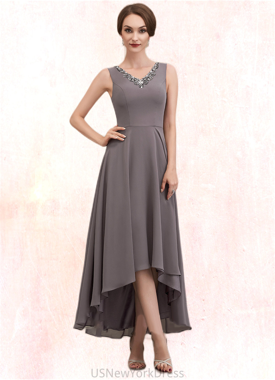 Elizabeth A-line V-Neck Asymmetrical Chiffon Mother of the Bride Dress With Beading Sequins DJ126P0014656