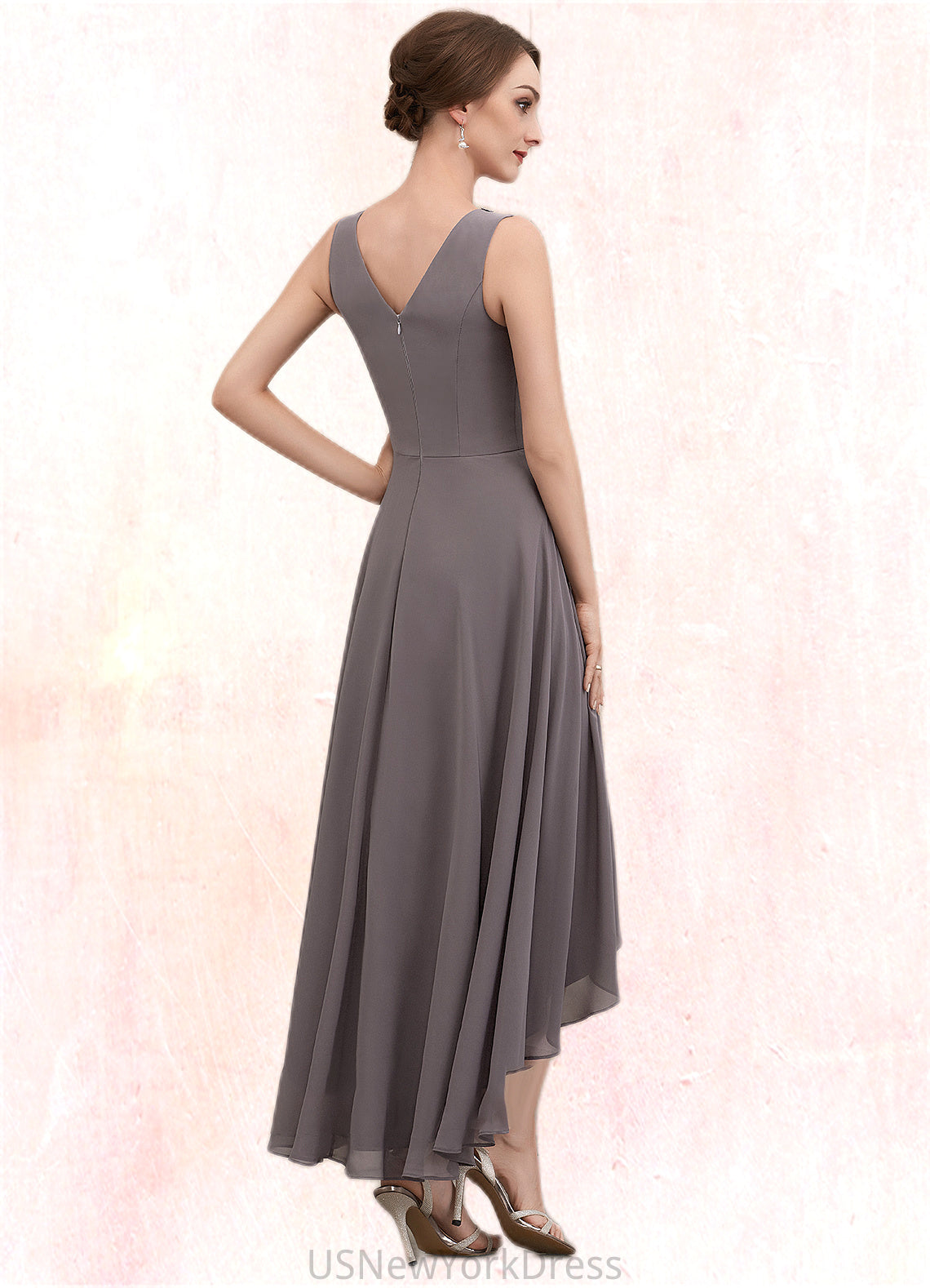 Elizabeth A-line V-Neck Asymmetrical Chiffon Mother of the Bride Dress With Beading Sequins DJ126P0014656