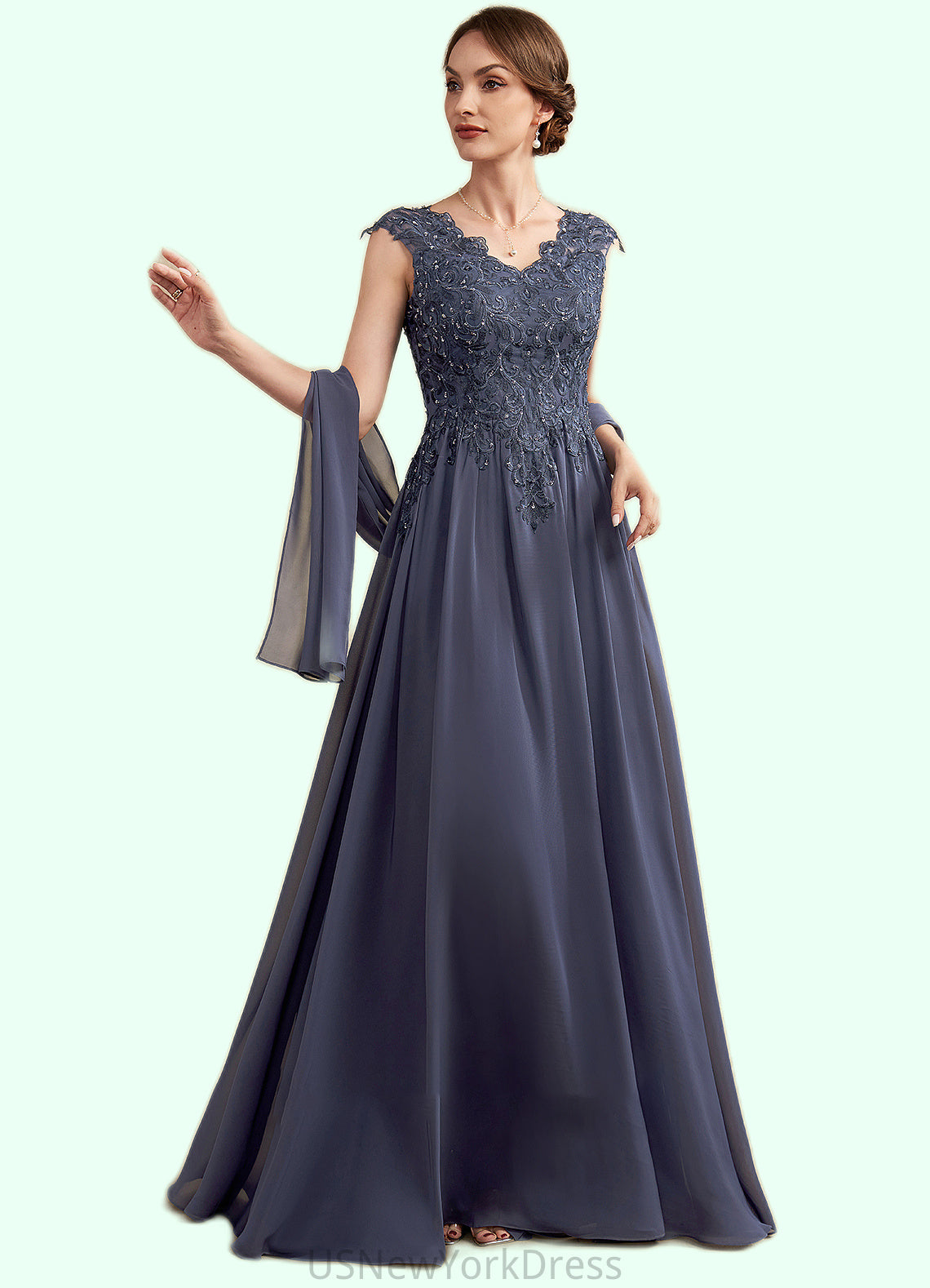 Lydia A-Line V-neck Floor-Length Chiffon Lace Mother of the Bride Dress With Beading Sequins DJ126P0014657