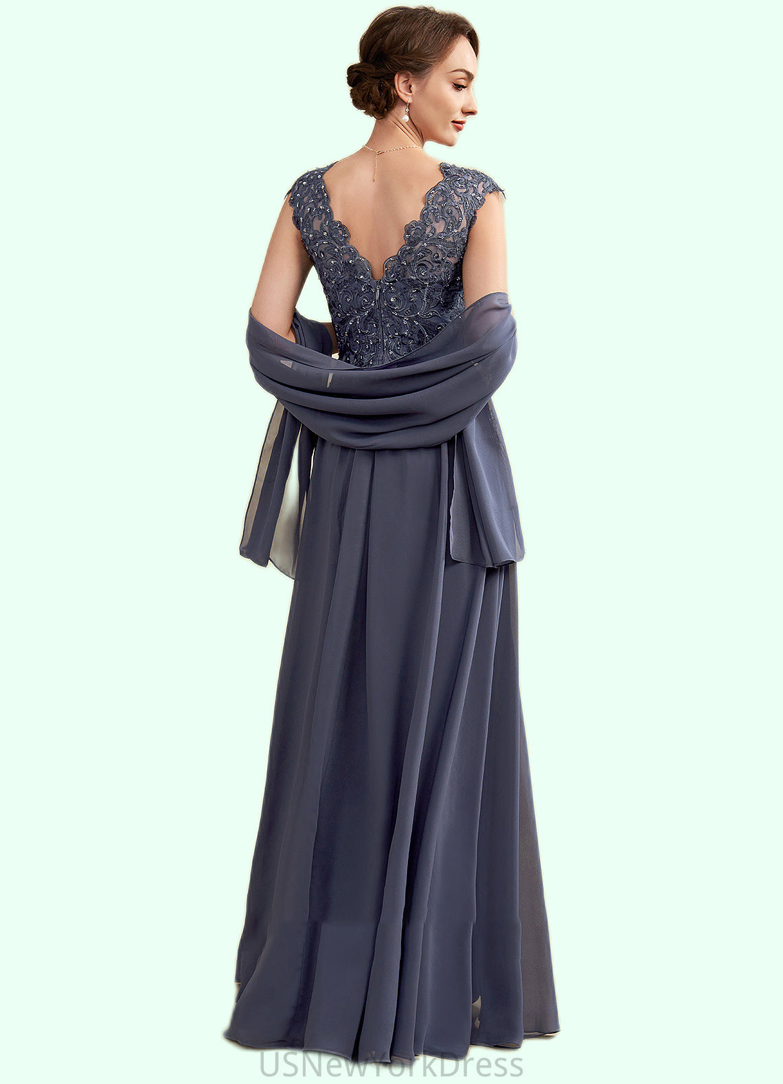 Lydia A-Line V-neck Floor-Length Chiffon Lace Mother of the Bride Dress With Beading Sequins DJ126P0014657