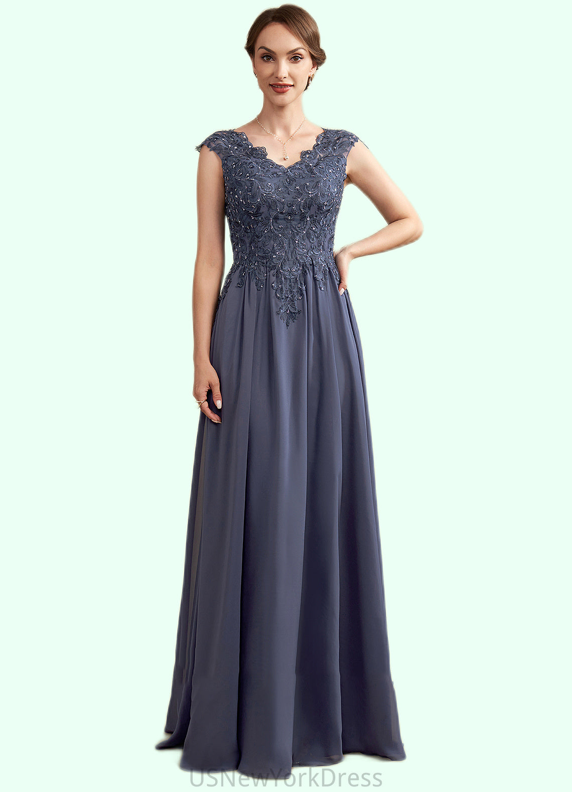 Lydia A-Line V-neck Floor-Length Chiffon Lace Mother of the Bride Dress With Beading Sequins DJ126P0014657