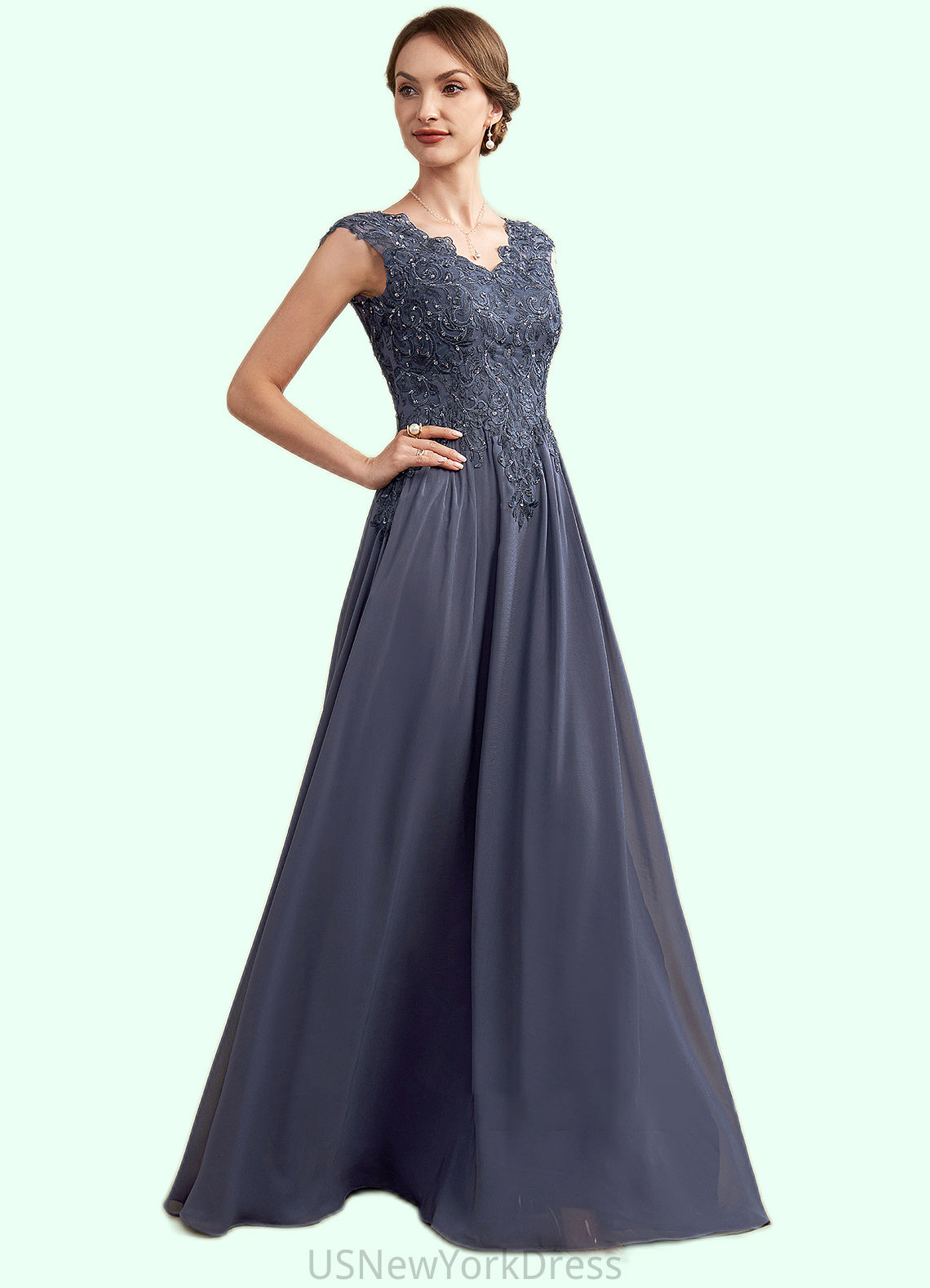 Lydia A-Line V-neck Floor-Length Chiffon Lace Mother of the Bride Dress With Beading Sequins DJ126P0014657