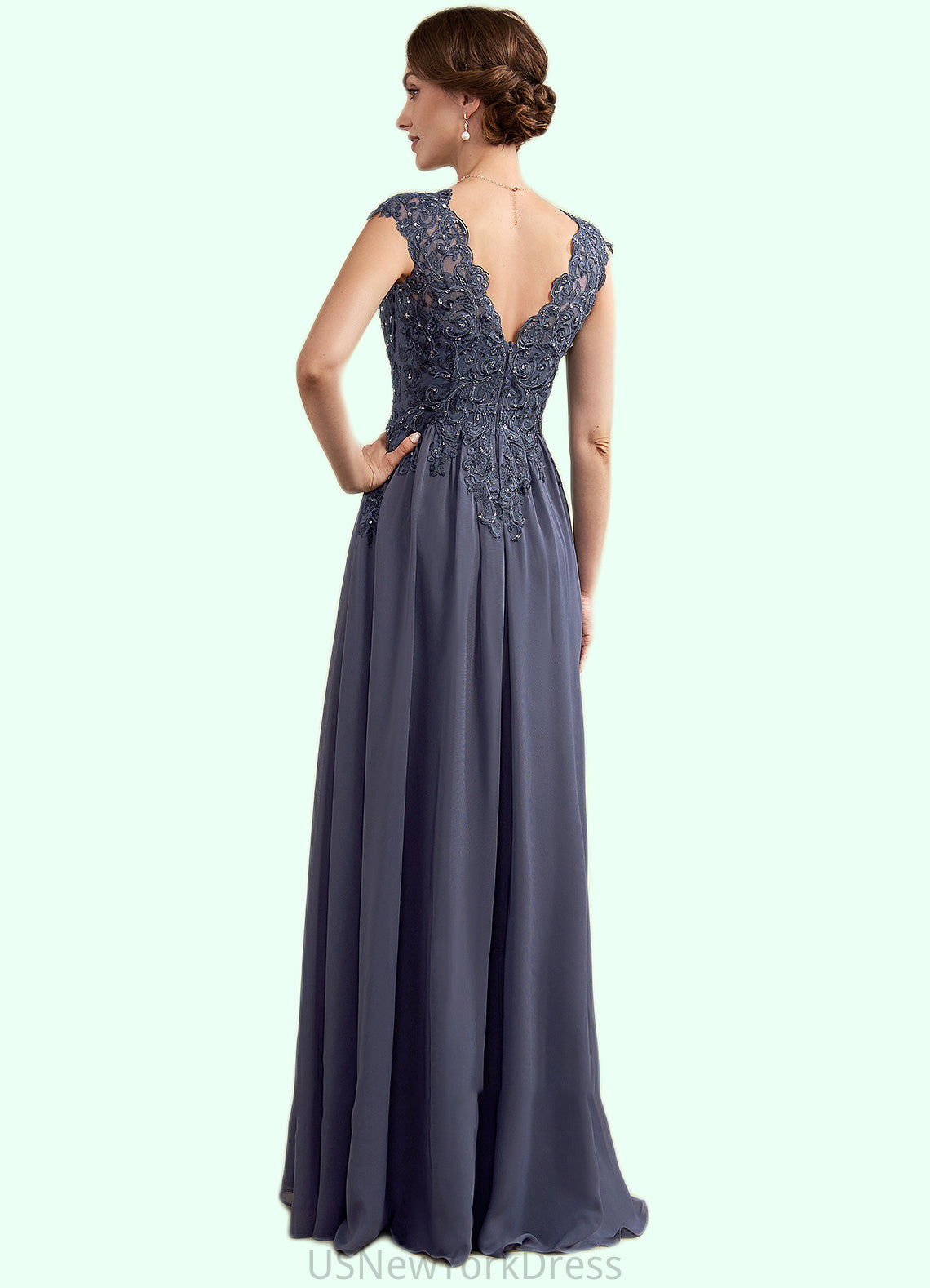 Lydia A-Line V-neck Floor-Length Chiffon Lace Mother of the Bride Dress With Beading Sequins DJ126P0014657