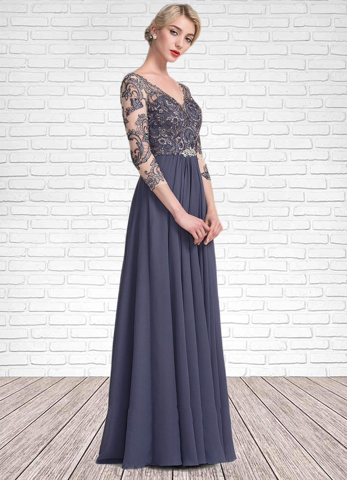 Hazel A-Line V-neck Floor-Length Chiffon Lace Mother of the Bride Dress DJ126P0014659