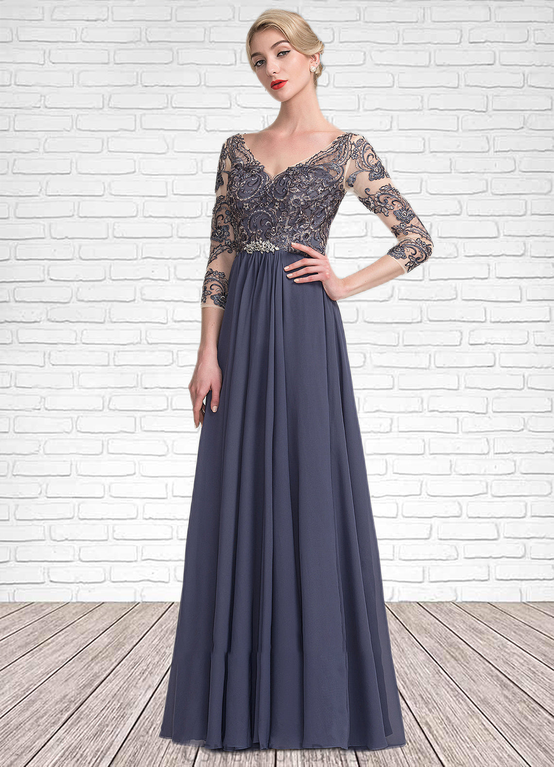 Hazel A-Line V-neck Floor-Length Chiffon Lace Mother of the Bride Dress DJ126P0014659