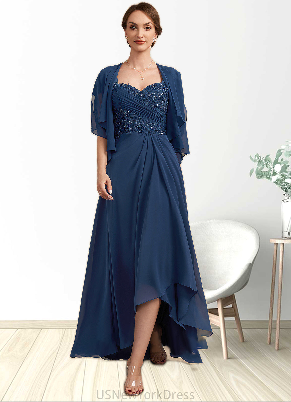 Valentina A-Line Sweetheart Asymmetrical Chiffon Lace Mother of the Bride Dress With Ruffle Beading Sequins DJ126P0014663