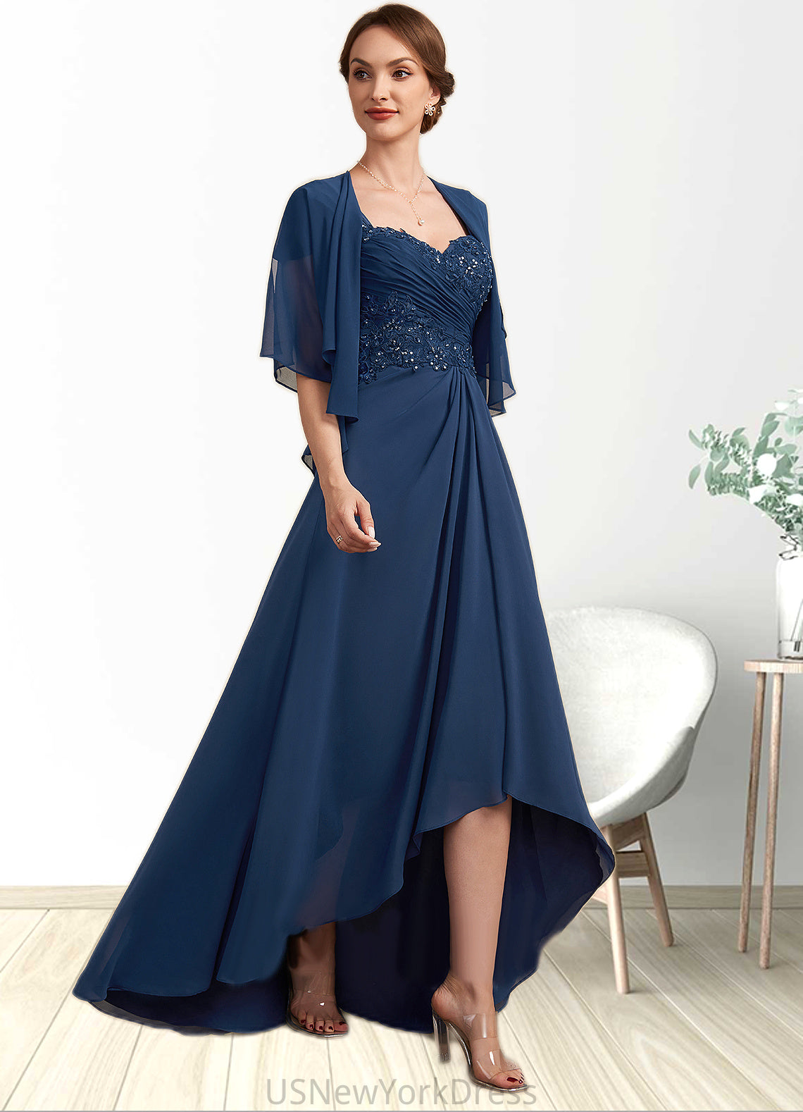 Valentina A-Line Sweetheart Asymmetrical Chiffon Lace Mother of the Bride Dress With Ruffle Beading Sequins DJ126P0014663