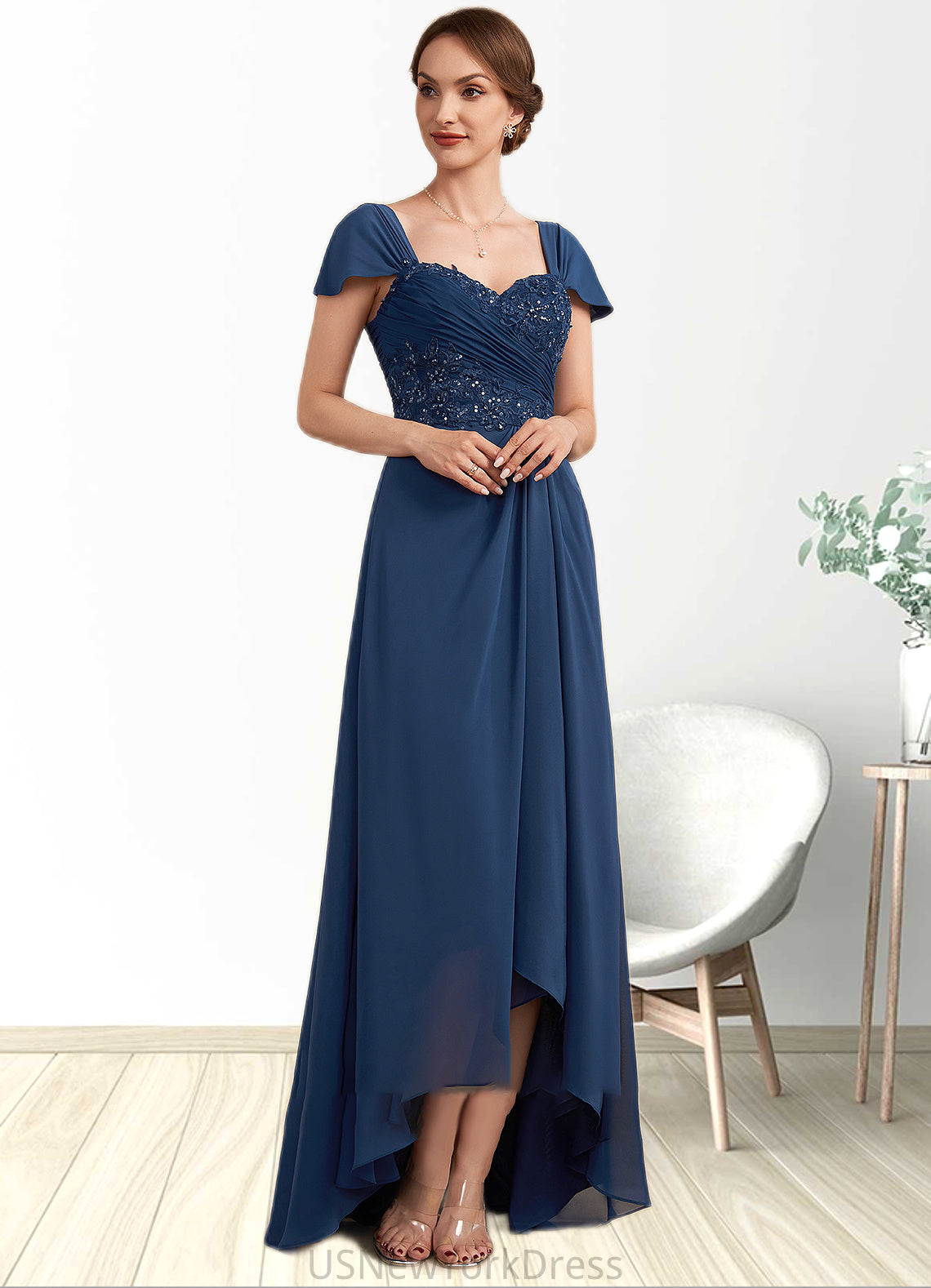 Valentina A-Line Sweetheart Asymmetrical Chiffon Lace Mother of the Bride Dress With Ruffle Beading Sequins DJ126P0014663