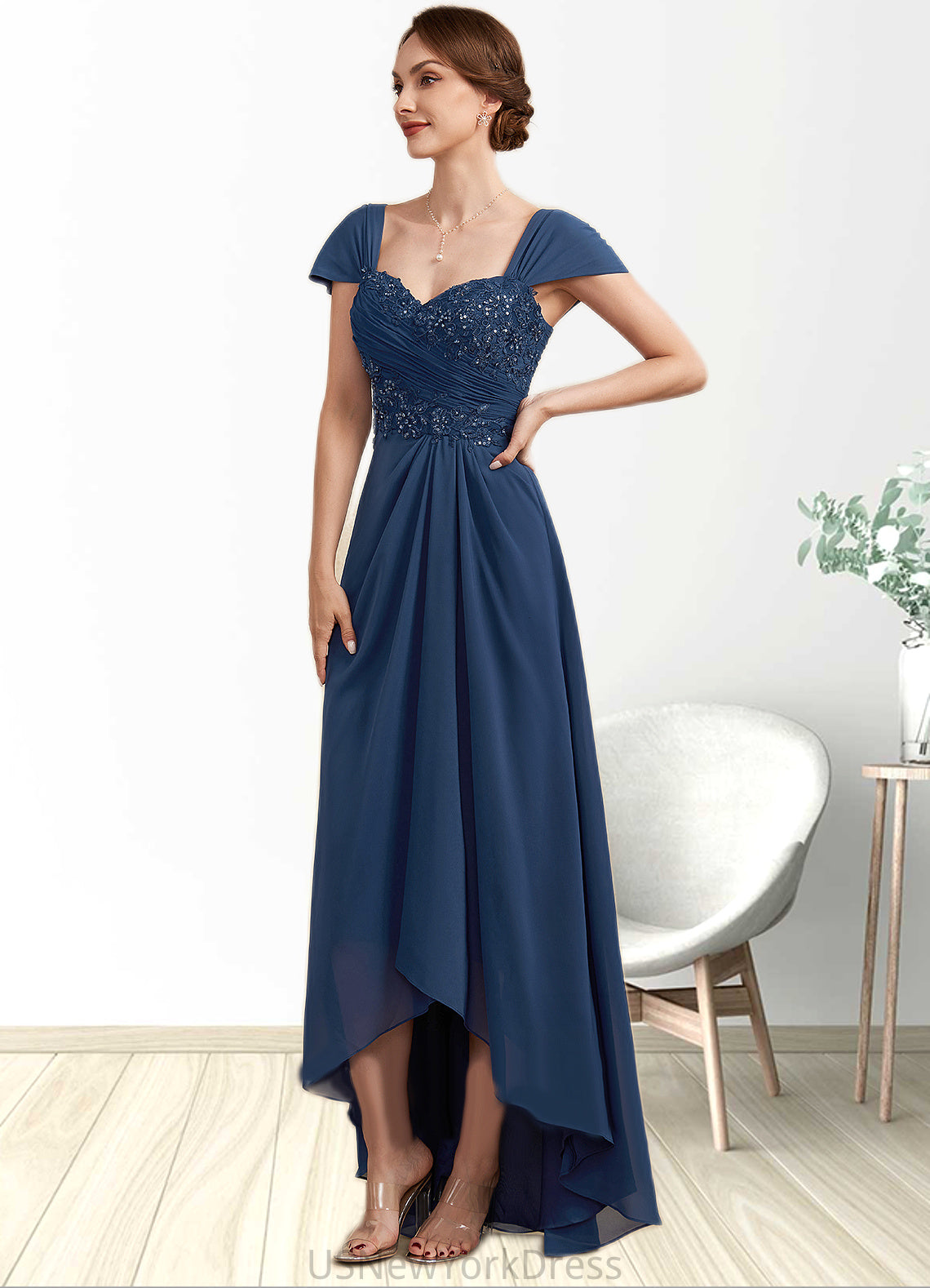 Valentina A-Line Sweetheart Asymmetrical Chiffon Lace Mother of the Bride Dress With Ruffle Beading Sequins DJ126P0014663