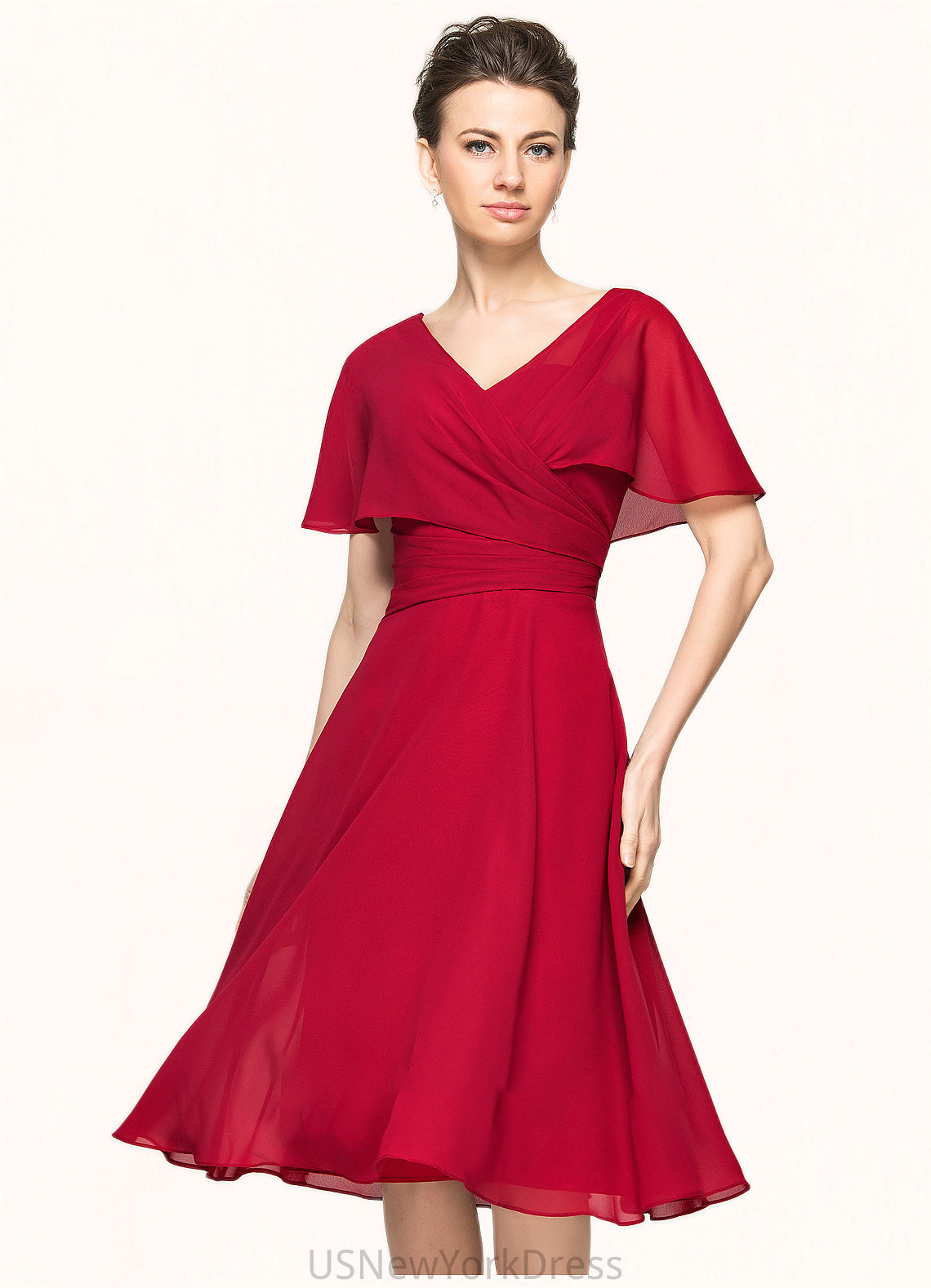 Ginny A-Line V-neck Knee-Length Chiffon Mother of the Bride Dress With Ruffle DJ126P0014664