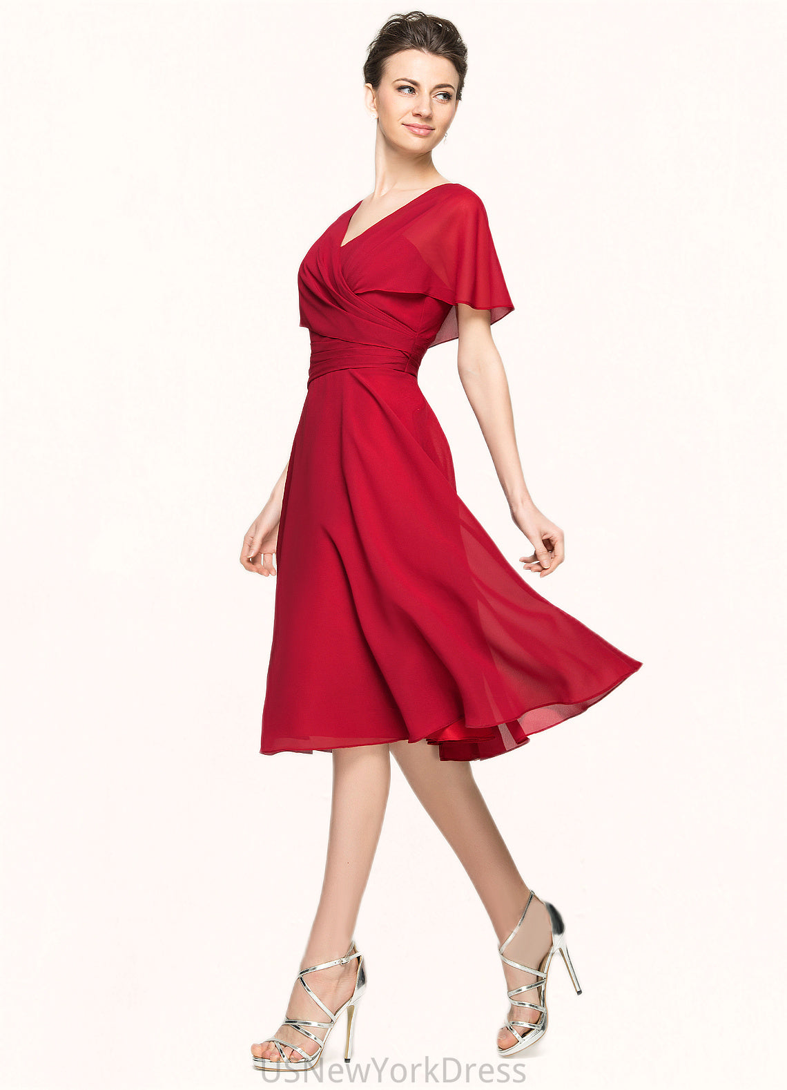 Ginny A-Line V-neck Knee-Length Chiffon Mother of the Bride Dress With Ruffle DJ126P0014664