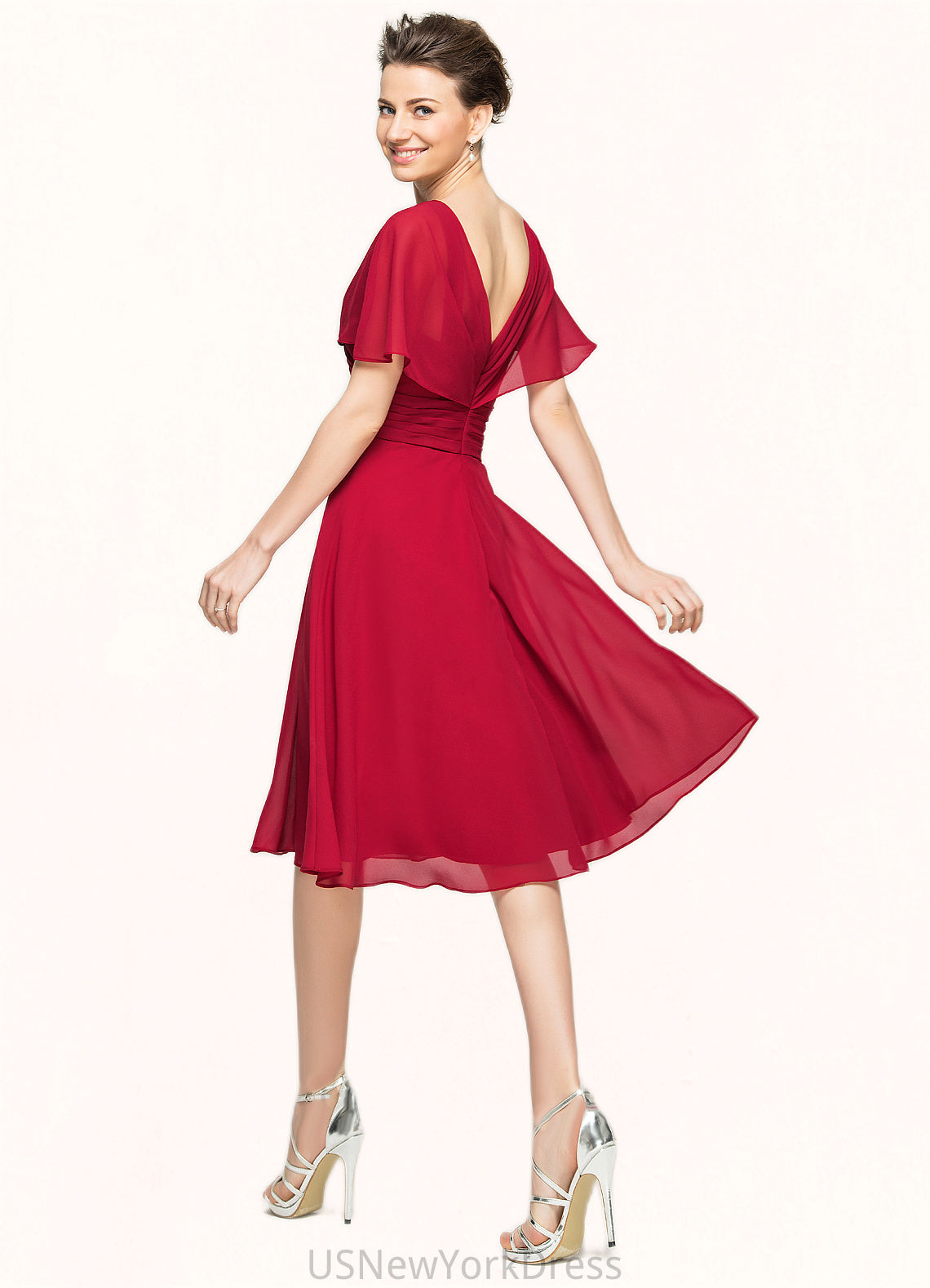 Ginny A-Line V-neck Knee-Length Chiffon Mother of the Bride Dress With Ruffle DJ126P0014664