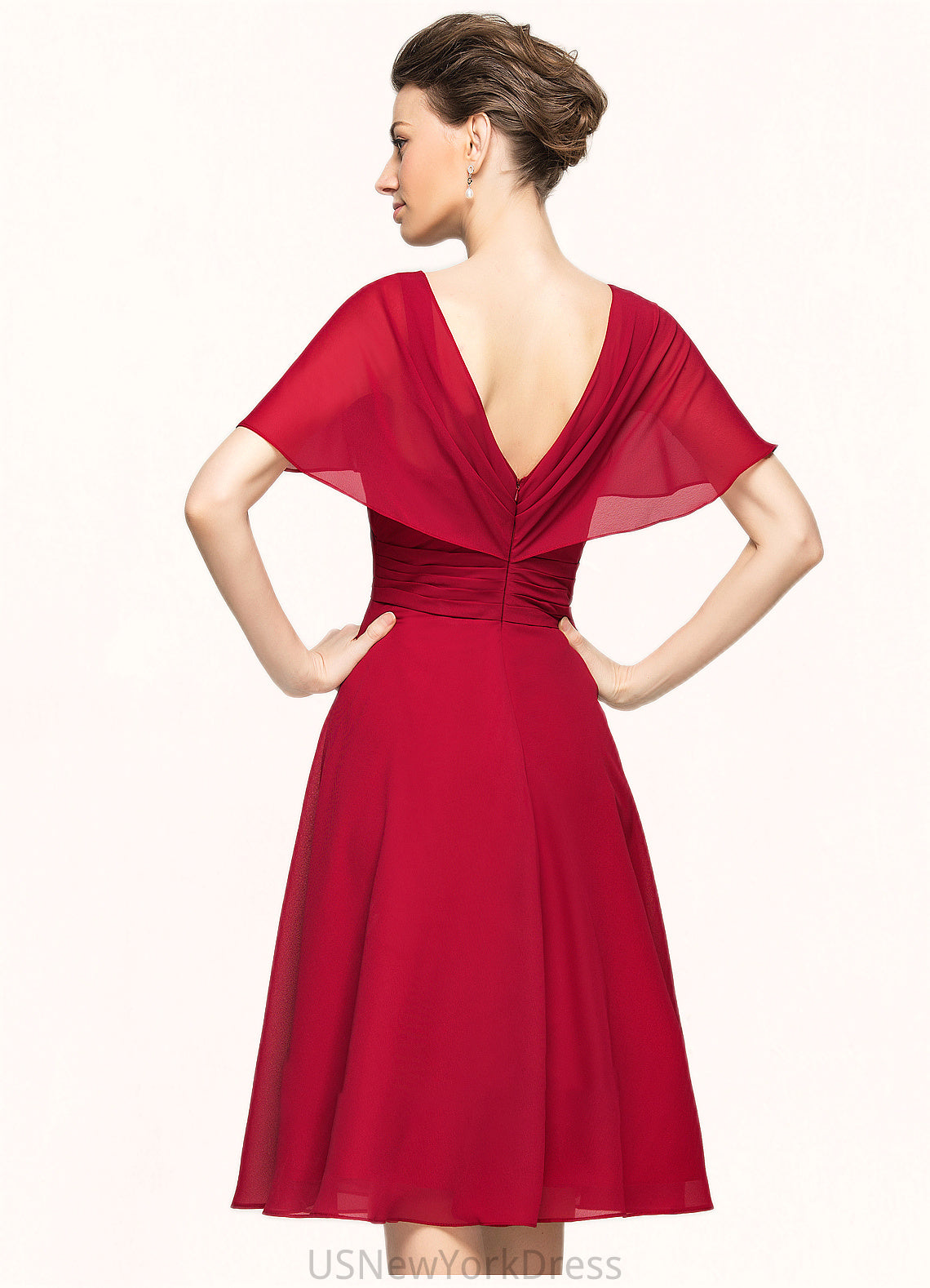 Ginny A-Line V-neck Knee-Length Chiffon Mother of the Bride Dress With Ruffle DJ126P0014664