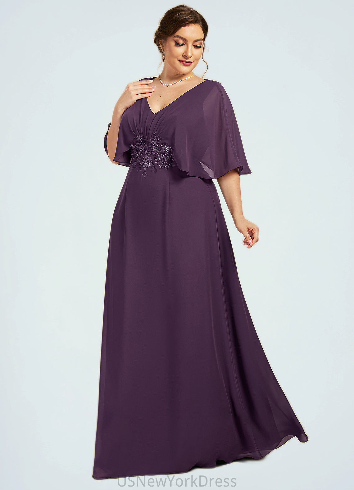 Pamela A-Line V-neck Floor-Length Chiffon Mother of the Bride Dress With Lace Sequins DJ126P0014665