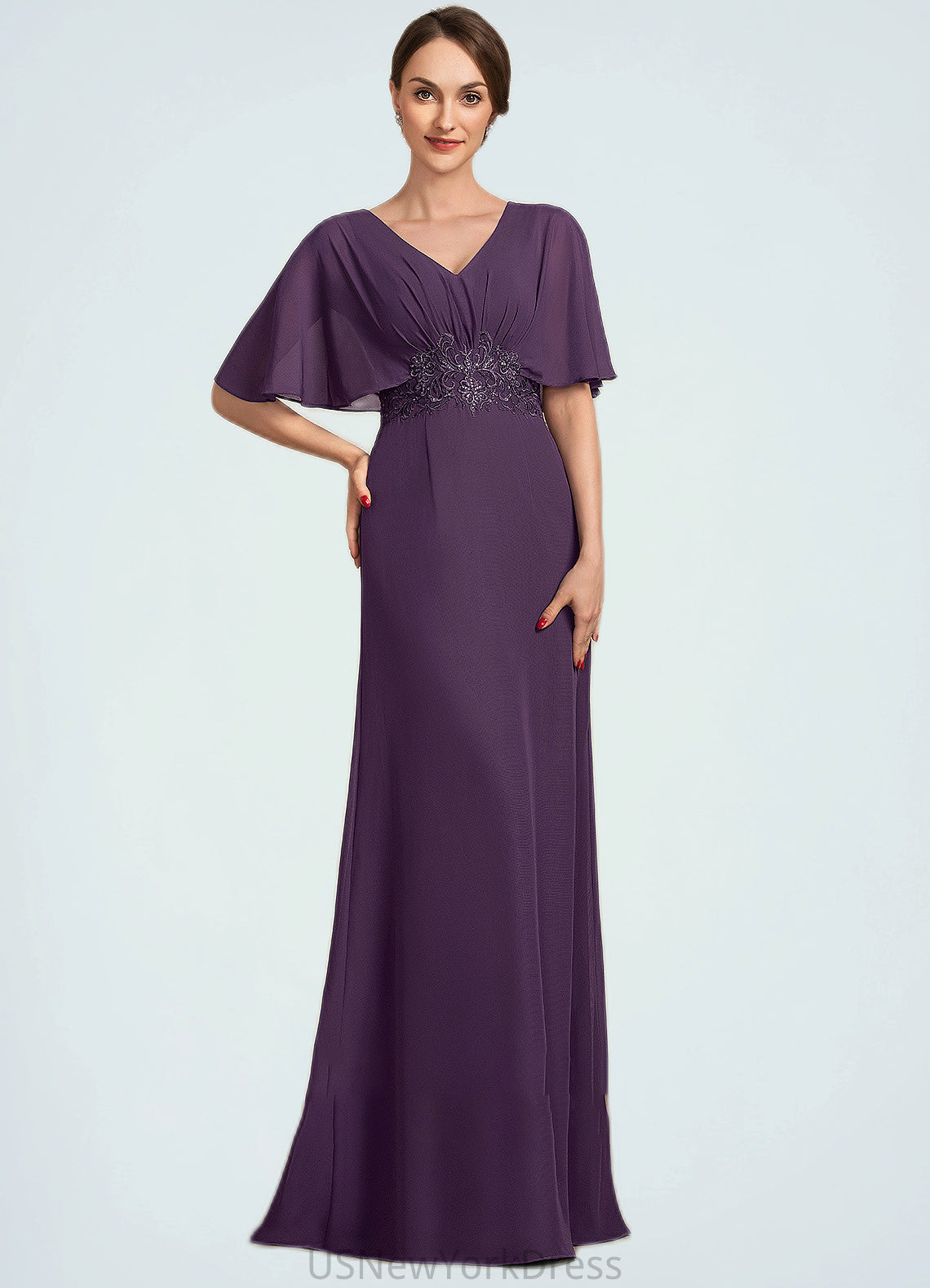 Pamela A-Line V-neck Floor-Length Chiffon Mother of the Bride Dress With Lace Sequins DJ126P0014665